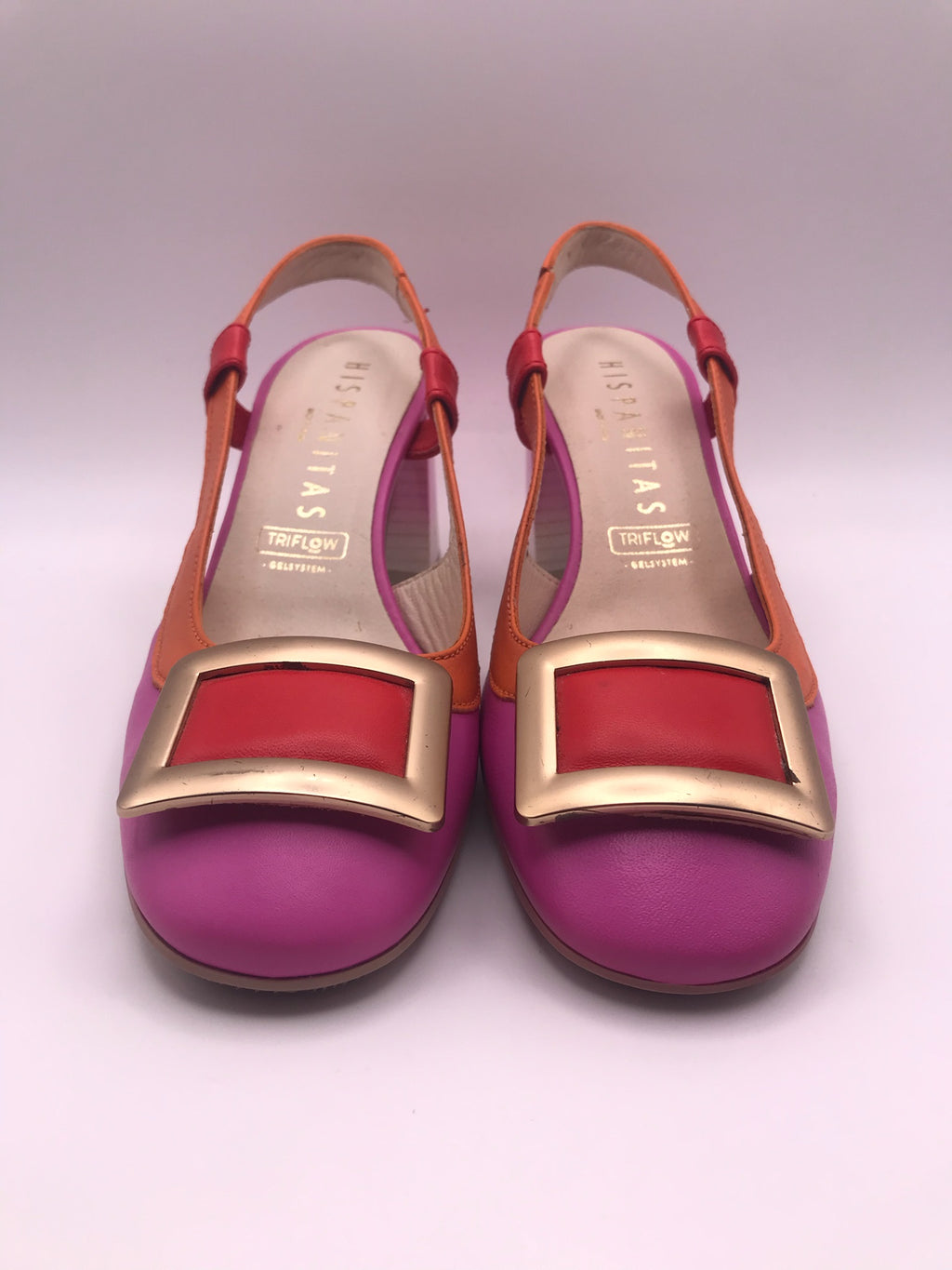 SALTO MULLET HISPANITAS ROXO LARANJA ROSA COURO APLICAÇÃO QUADRADA DOURADO VERMELHO BICO REDONDO