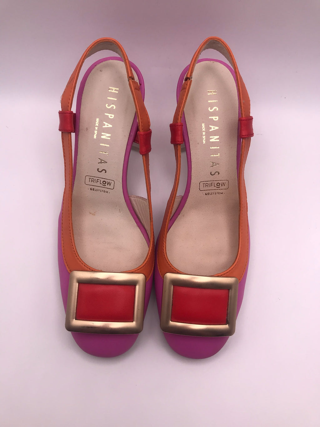 SALTO MULLET HISPANITAS ROXO LARANJA ROSA COURO APLICAÇÃO QUADRADA DOURADO VERMELHO BICO REDONDO