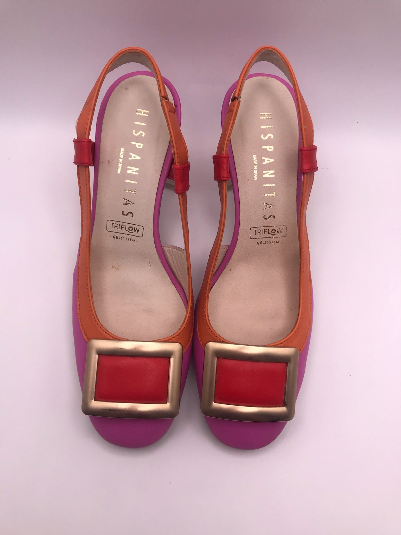 SALTO MULLET HISPANITAS ROXO LARANJA ROSA COURO APLICAÇÃO QUADRADA DOURADO VERMELHO BICO REDONDO