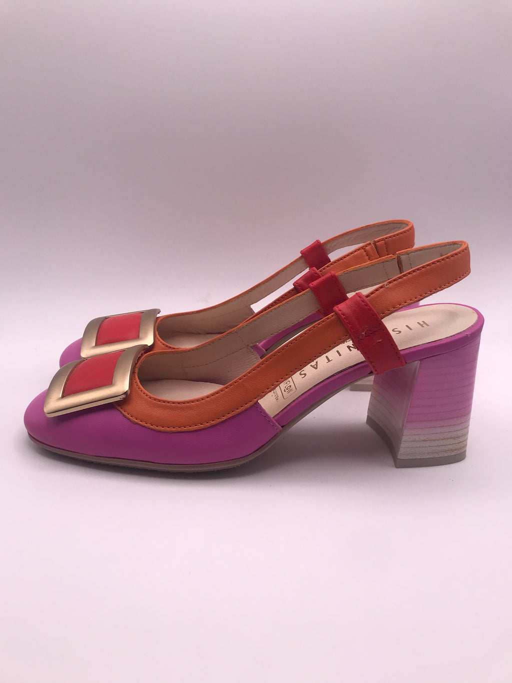 SALTO MULLET HISPANITAS ROXO LARANJA ROSA COURO APLICAÇÃO QUADRADA DOURADO VERMELHO BICO REDONDO
