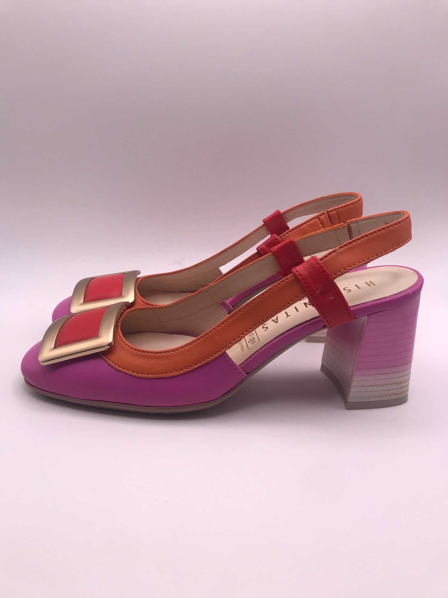 SALTO MULLET HISPANITAS ROXO LARANJA ROSA COURO APLICAÇÃO QUADRADA DOURADO VERMELHO BICO REDONDO