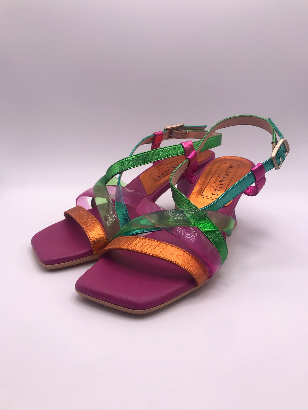 SALTO SANDÁLIA HISPANITAS ROSA VERDE AZUL OURO COURO TIRA SILICONE BICO QUADRADO