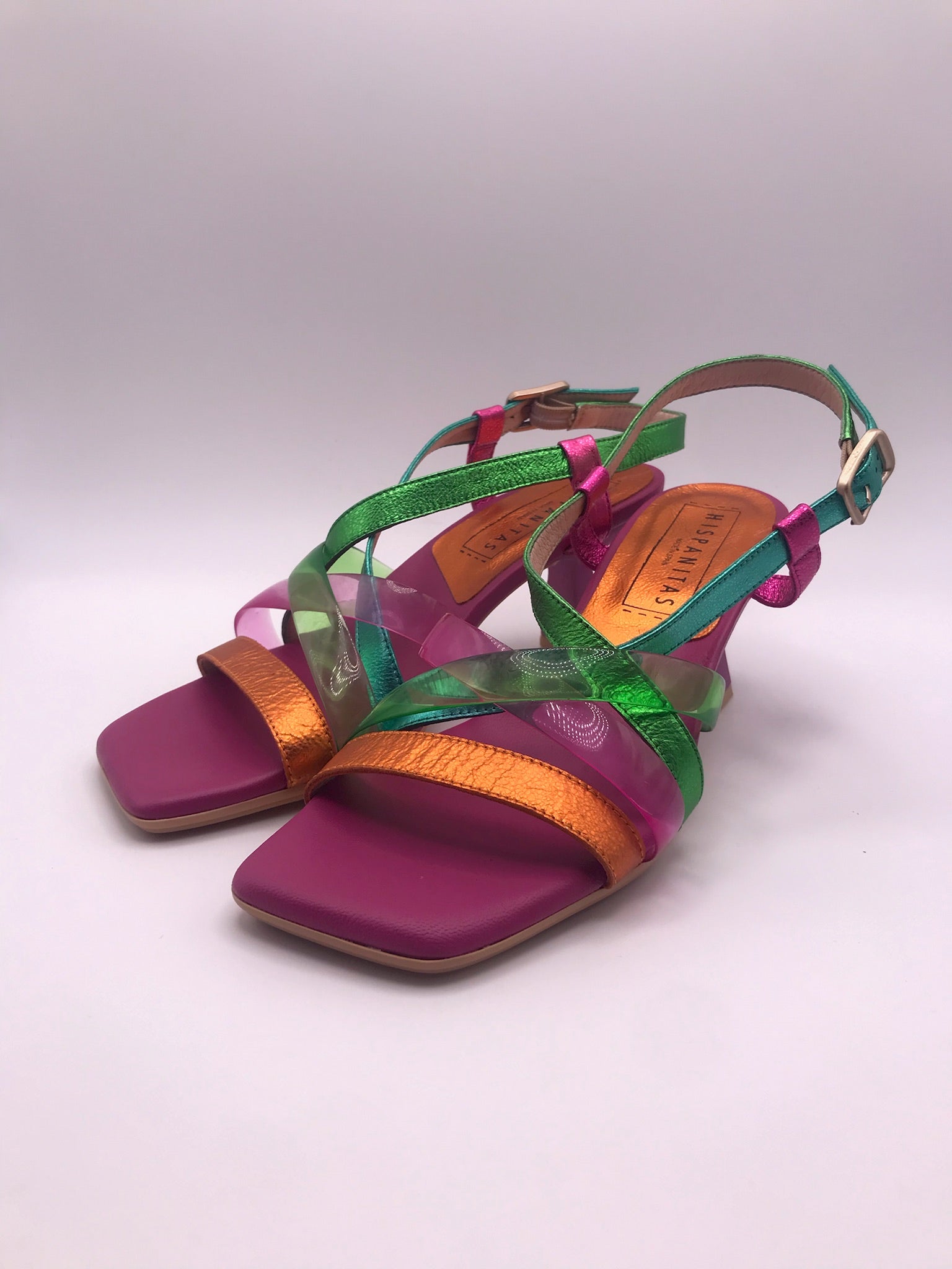 SALTO SANDÁLIA HISPANITAS ROSA VERDE AZUL OURO COURO TIRA SILICONE BICO QUADRADO