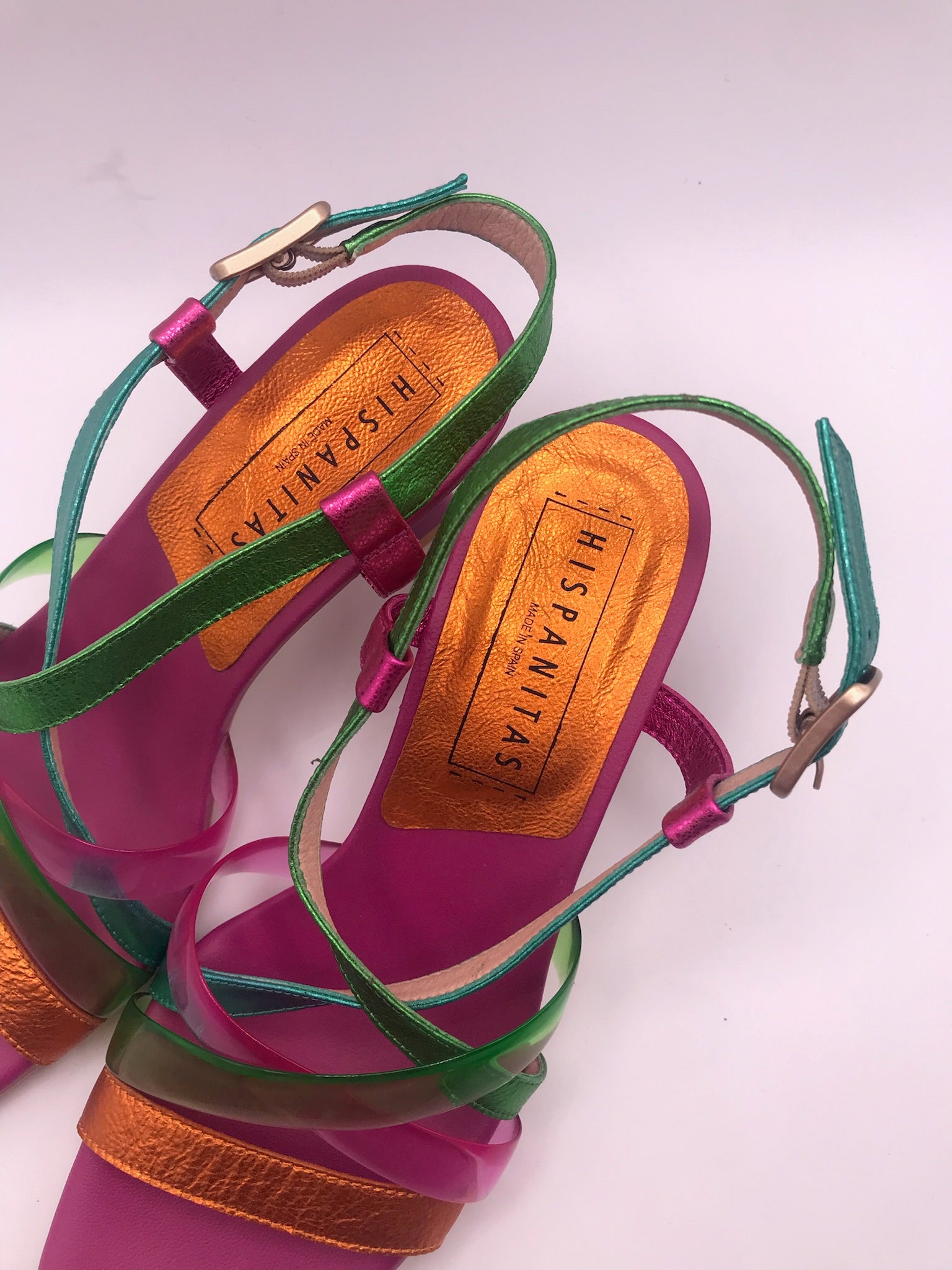 SALTO SANDÁLIA HISPANITAS ROSA VERDE AZUL OURO COURO TIRA SILICONE BICO QUADRADO