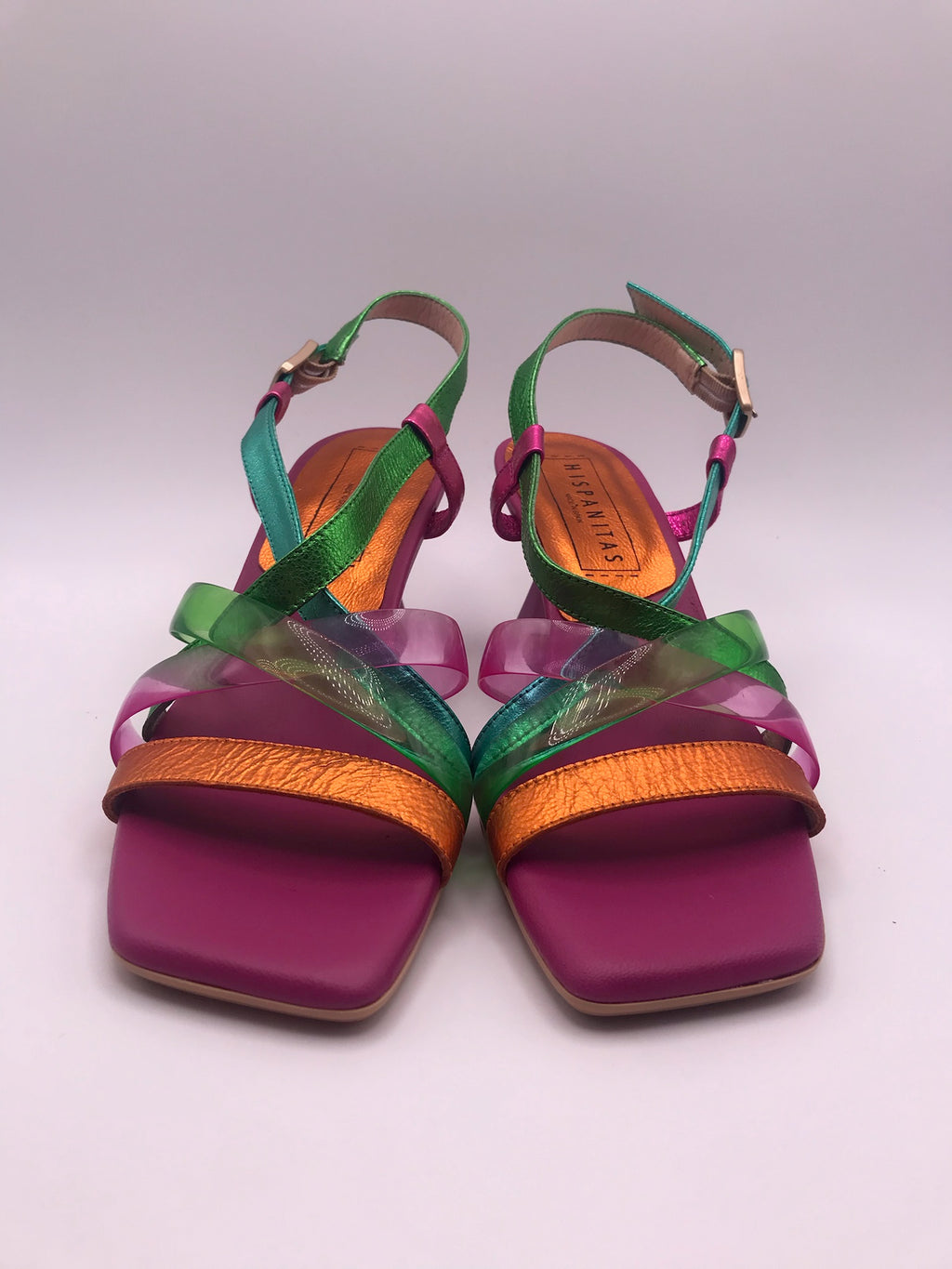 SALTO SANDÁLIA HISPANITAS ROSA VERDE AZUL OURO COURO TIRA SILICONE BICO QUADRADO