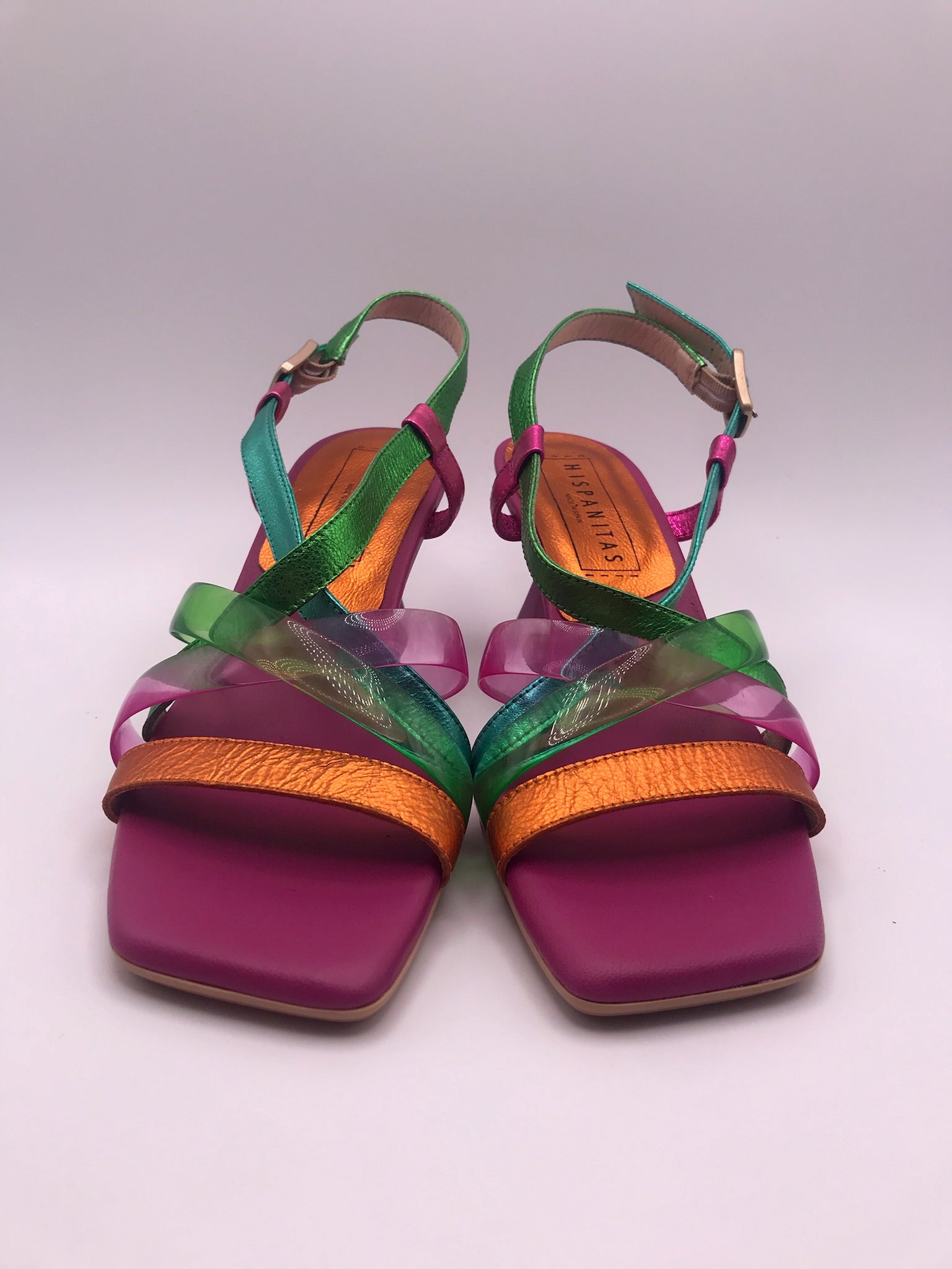 SALTO SANDÁLIA HISPANITAS ROSA VERDE AZUL OURO COURO TIRA SILICONE BICO QUADRADO