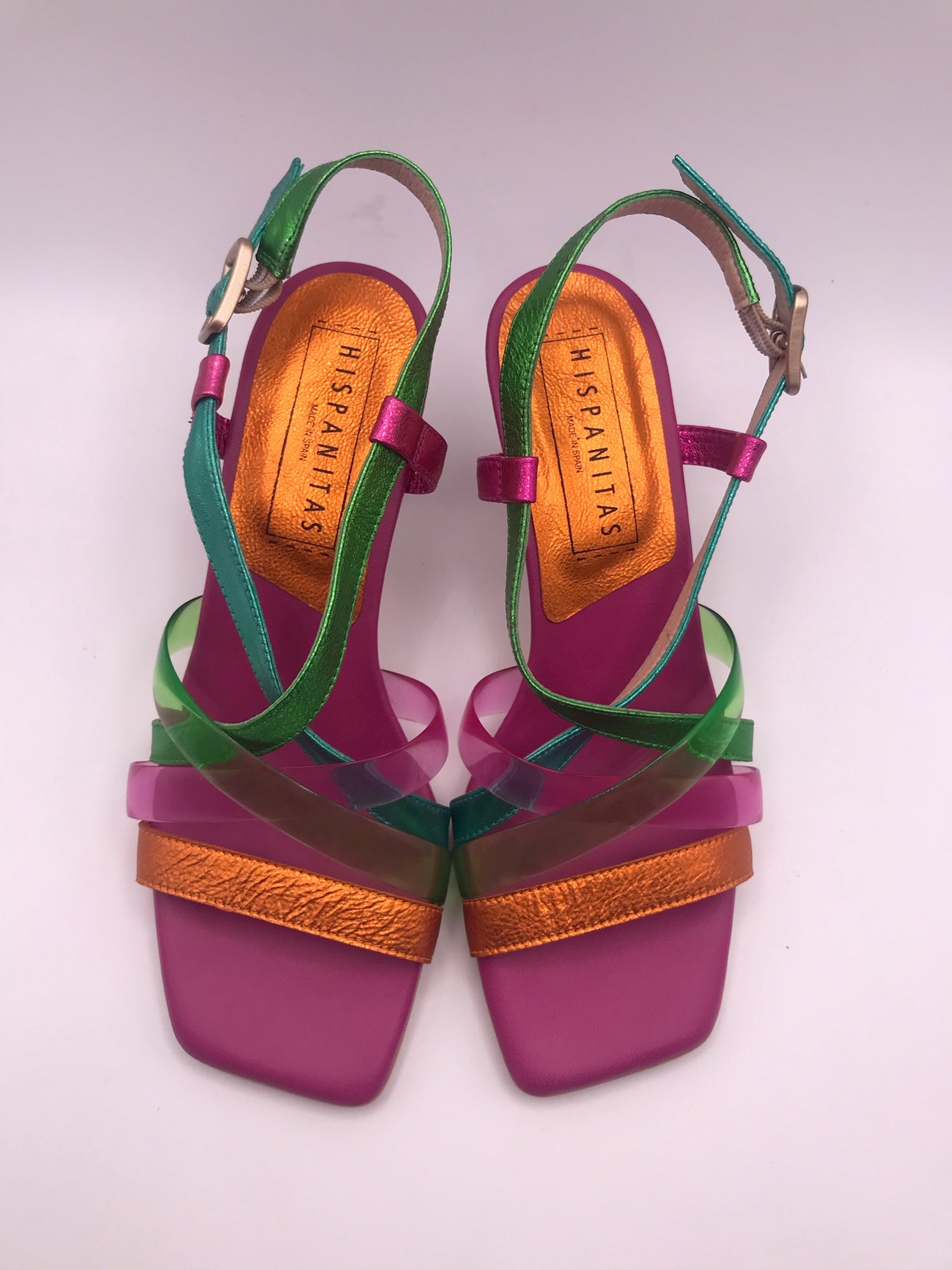 SALTO SANDÁLIA HISPANITAS ROSA VERDE AZUL OURO COURO TIRA SILICONE BICO QUADRADO