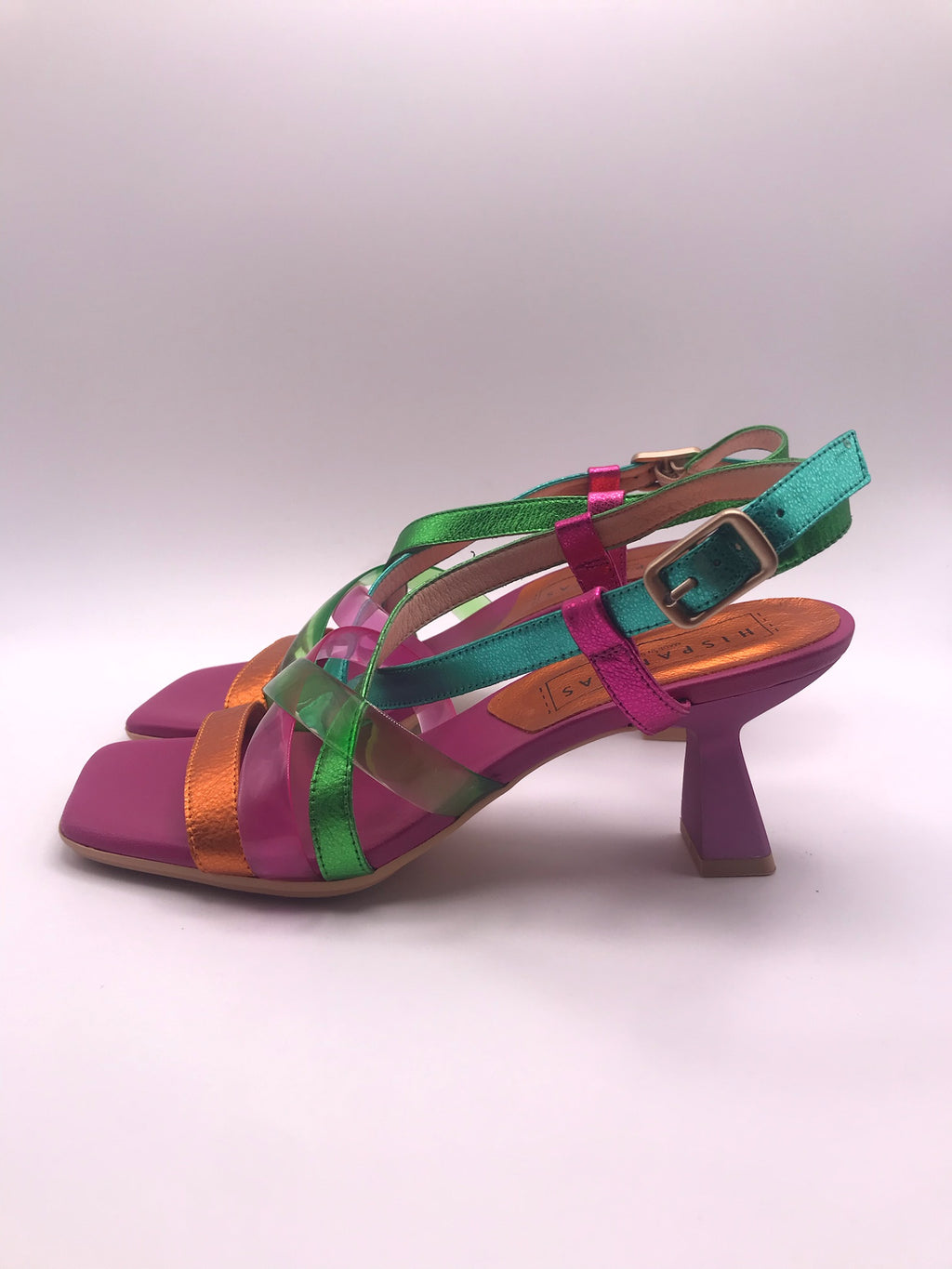 SALTO SANDÁLIA HISPANITAS ROSA VERDE AZUL OURO COURO TIRA SILICONE BICO QUADRADO