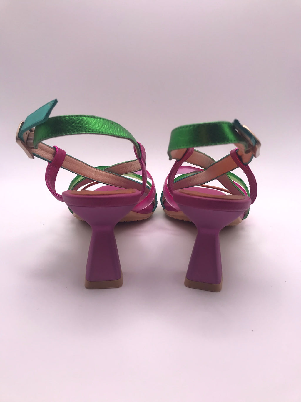 SALTO SANDÁLIA HISPANITAS ROSA VERDE AZUL OURO COURO TIRA SILICONE BICO QUADRADO