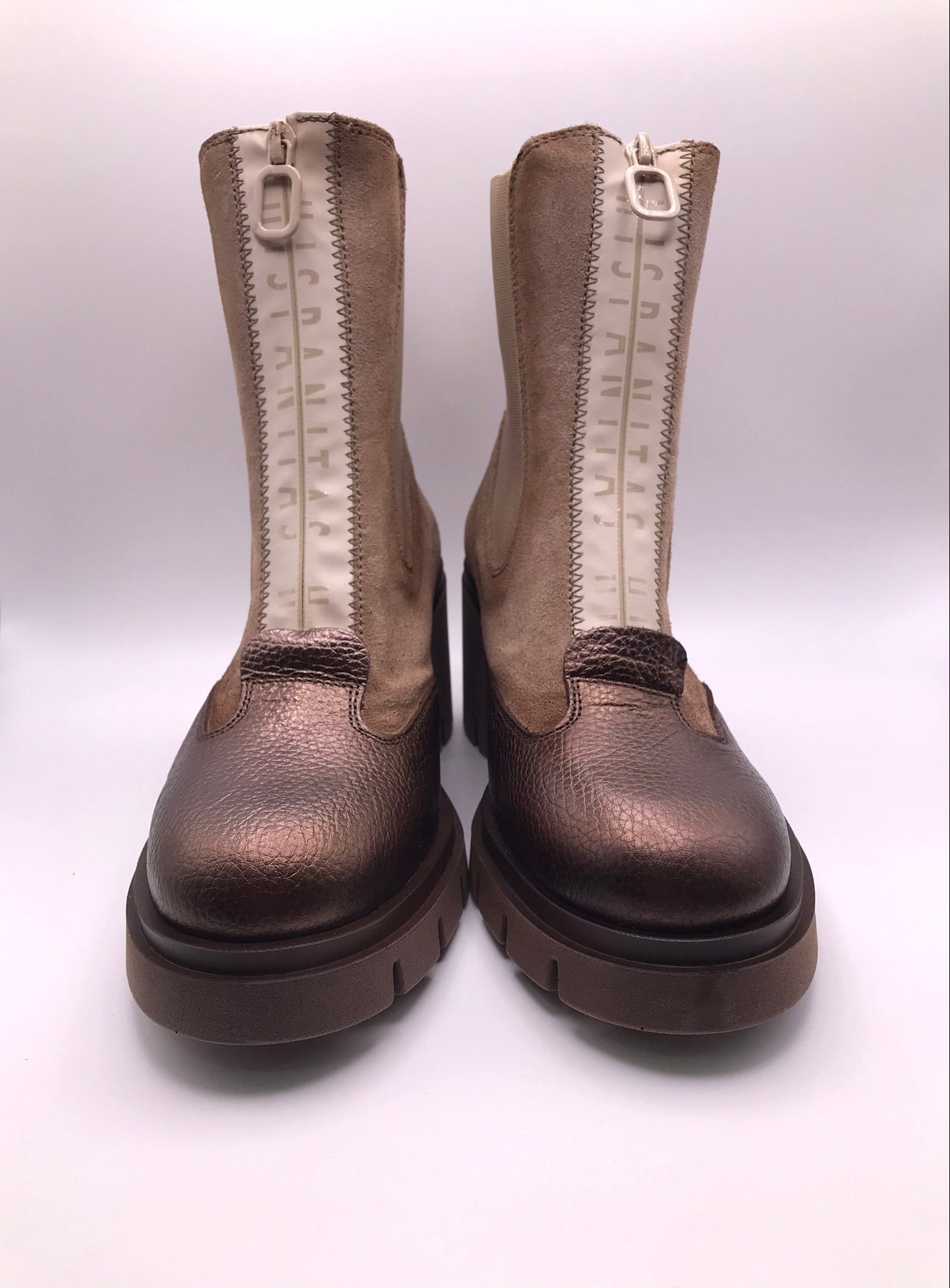 BOTA SALTO HISPANITAS CASTANHO COBRE CAMURÇA ZIPER FRONTAL BEGE