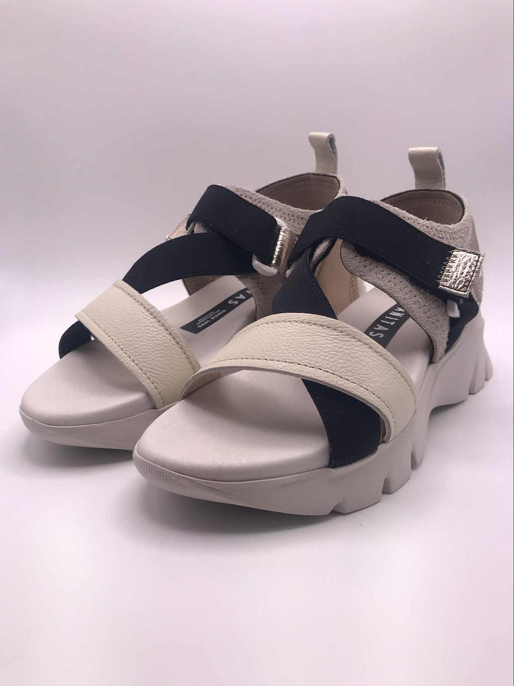 Sandálias Hispanitas Mulher Bege e Preto; Sandálias de Plataforma Estilo Desportivo em Pele; Tiras Elásticas Cruzadas com Velcro e Conforto Extra