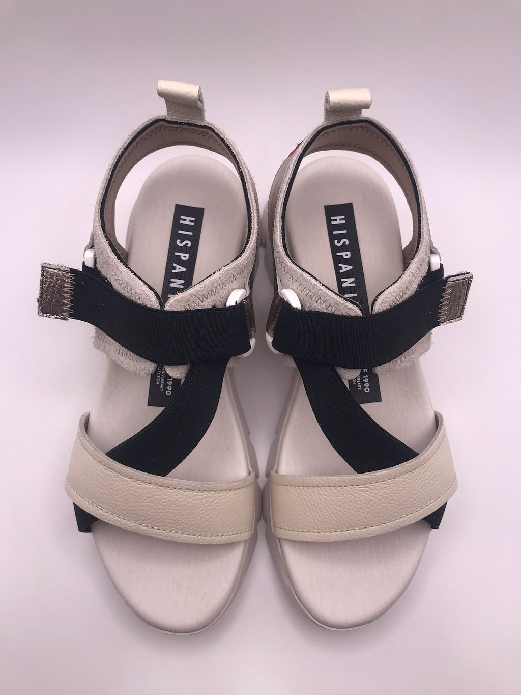 Sandálias Hispanitas Mulher Bege e Preto; Sandálias de Plataforma Estilo Desportivo em Pele; Tiras Elásticas Cruzadas com Velcro e Conforto Extra