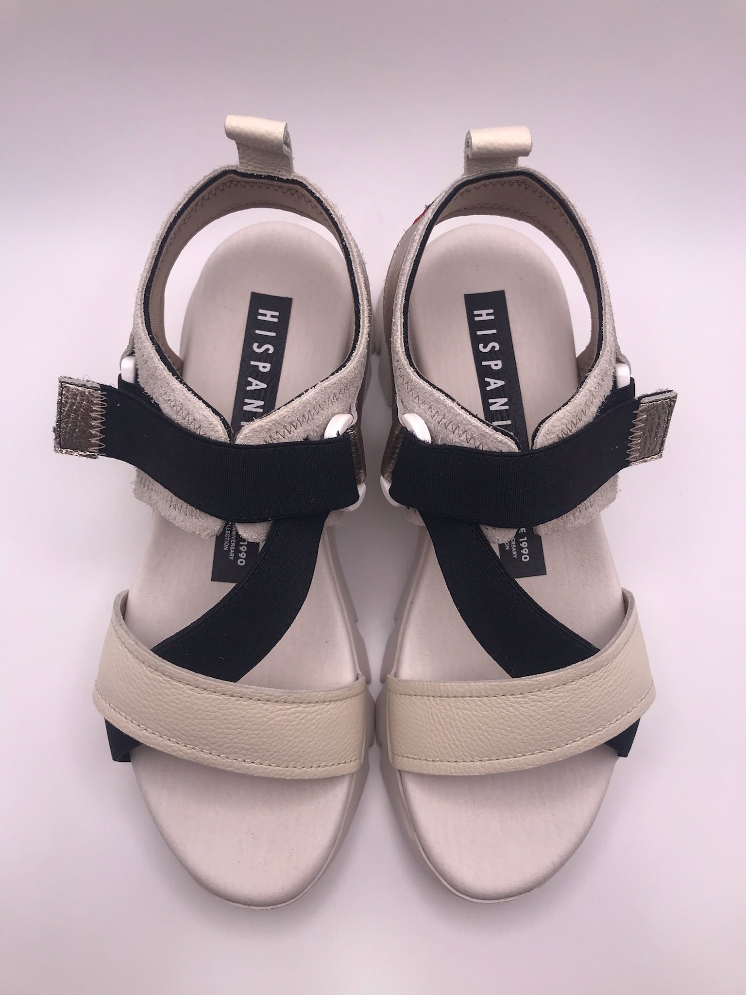 Sandálias Hispanitas Mulher Bege e Preto; Sandálias de Plataforma Estilo Desportivo em Pele; Tiras Elásticas Cruzadas com Velcro e Conforto Extra