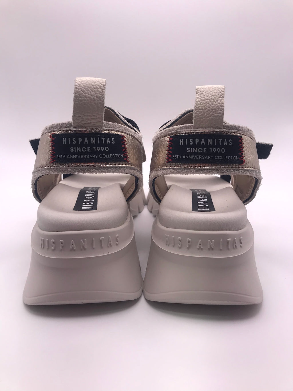 Sandálias Hispanitas Mulher Bege e Preto; Sandálias de Plataforma Estilo Desportivo em Pele; Tiras Elásticas Cruzadas com Velcro e Conforto Extra