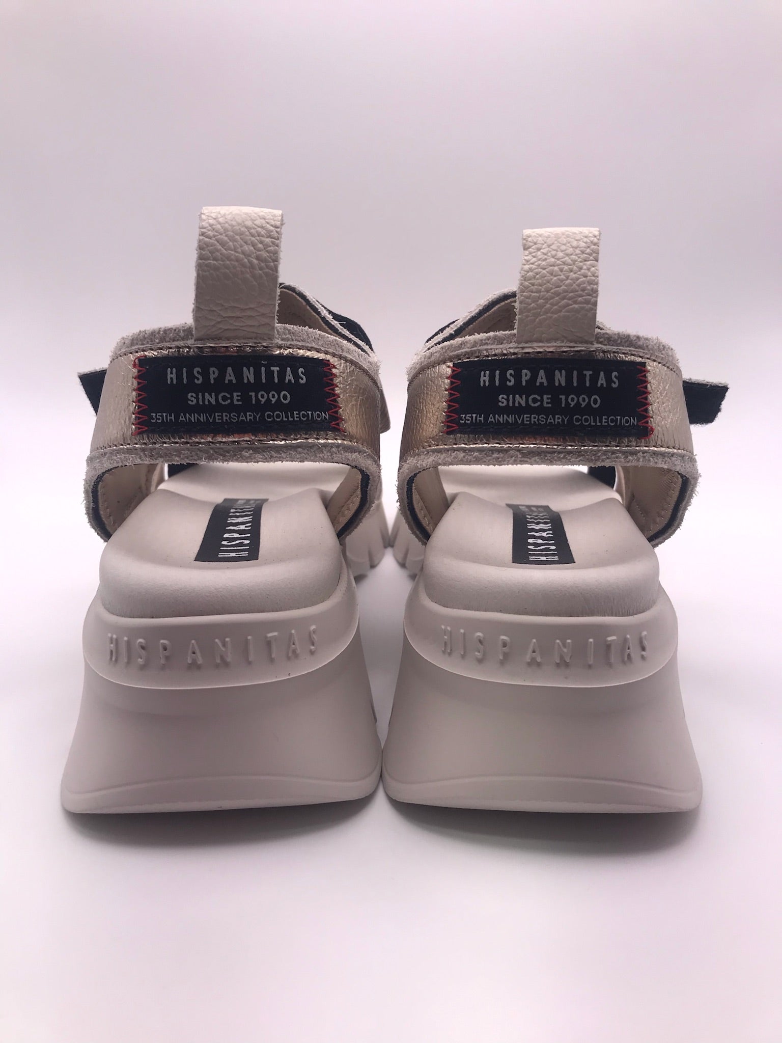 Sandálias Hispanitas Mulher Bege e Preto; Sandálias de Plataforma Estilo Desportivo em Pele; Tiras Elásticas Cruzadas com Velcro e Conforto Extra