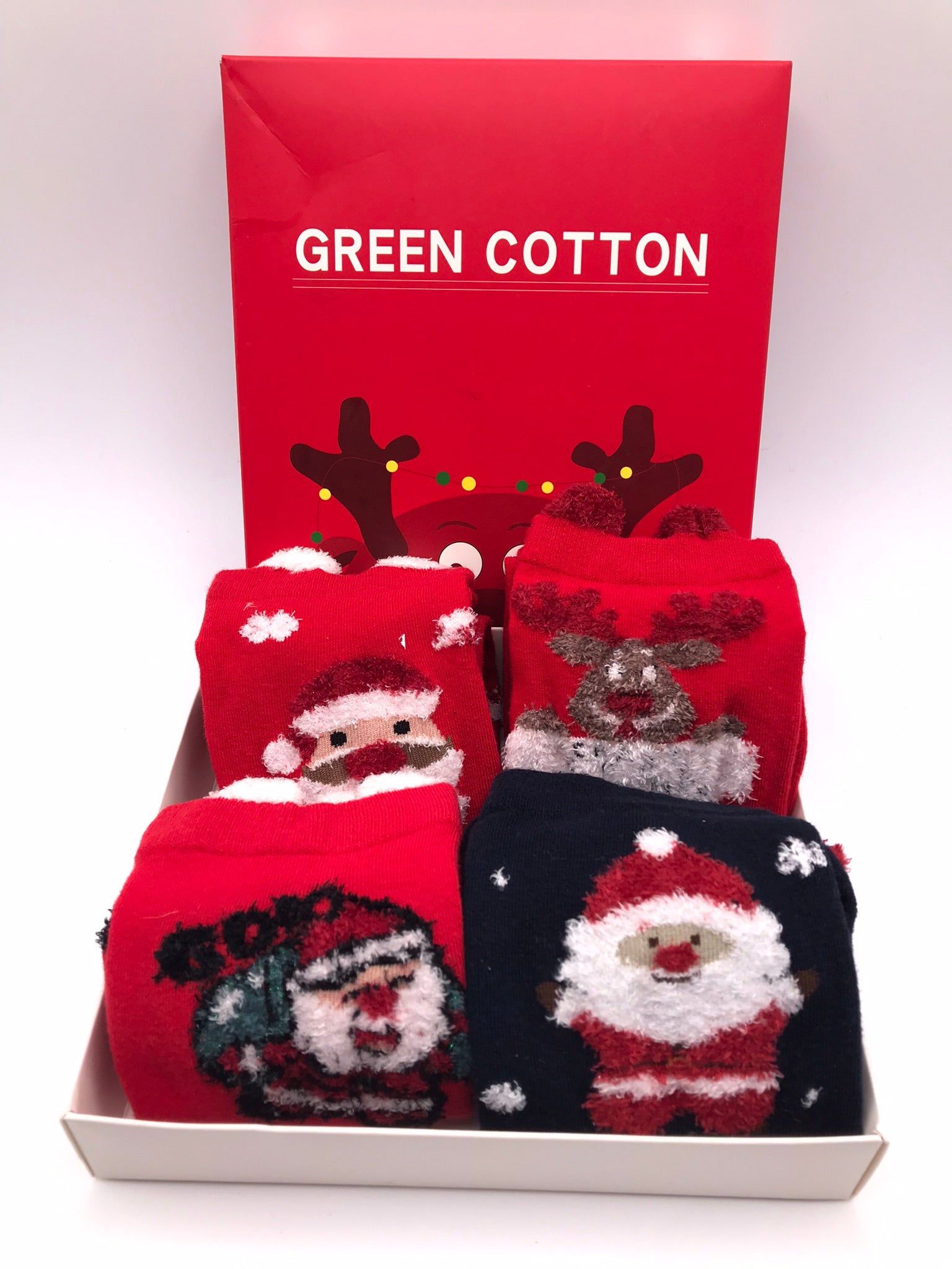 MEIA KIT 4 PARES G&C GREEN COTTON CAIXA NATAL PAPAI NOEL RENA POMPOM  BORDADO VERMELHO AZUL