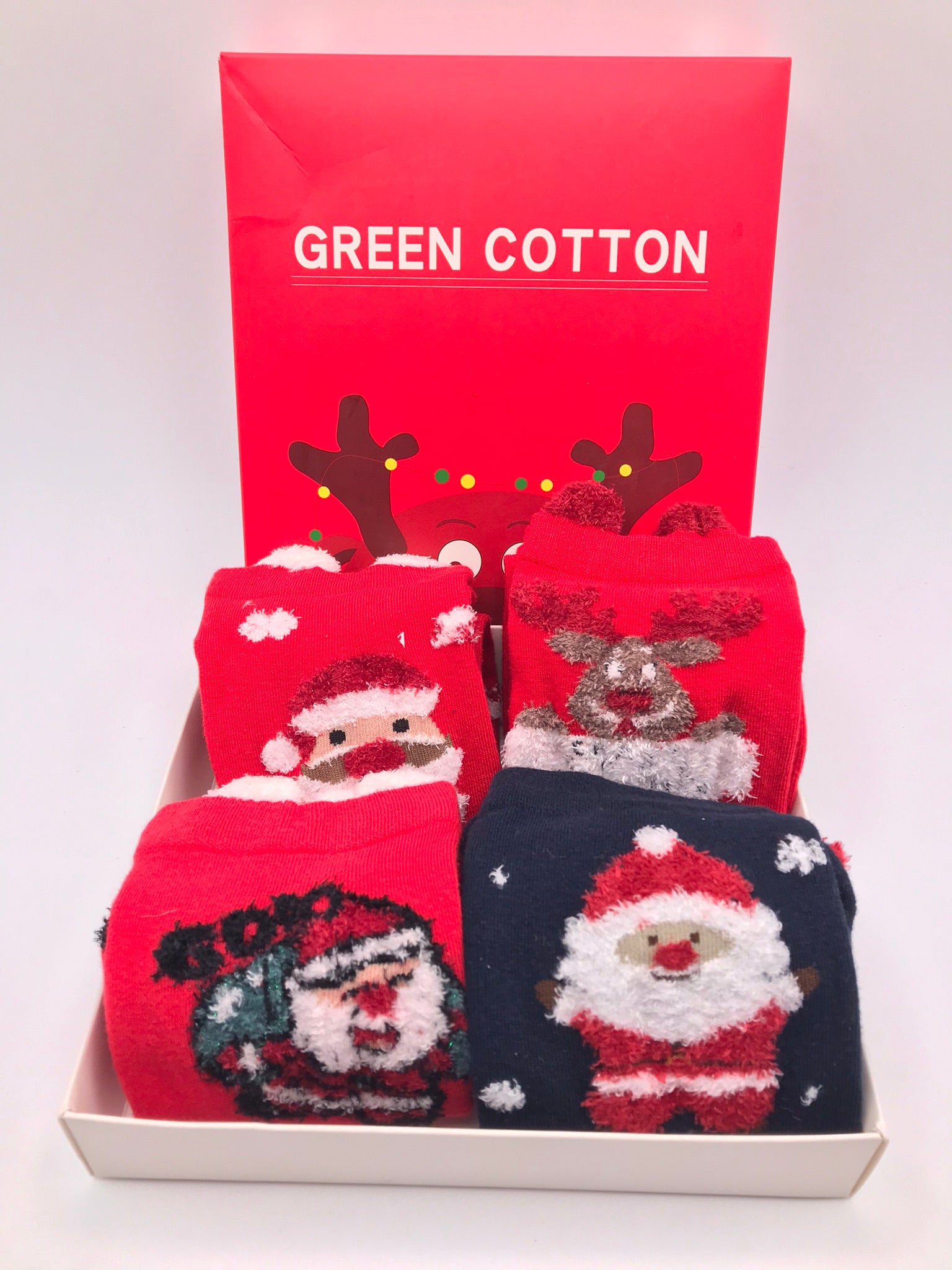 MEIA KIT 4 PARES G&C GREEN COTTON CAIXA NATAL PAPAI NOEL RENA POMPOM  BORDADO VERMELHO AZUL