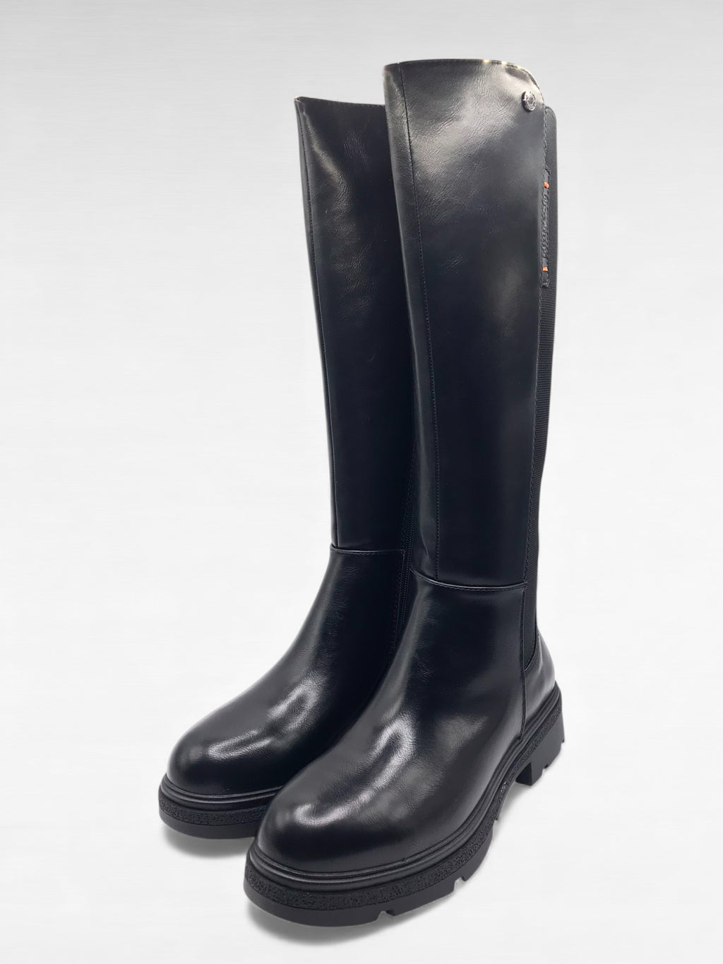 BOTA GALOCHA REFRESH  PRETO ECO PELE DETALHE LOGO LATERAL ZIPER TECIDO ELÁSTICO TRASEIRO CANO ALTO LONGO