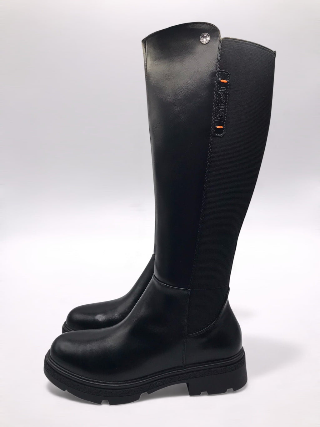 BOTA GALOCHA REFRESH  PRETO ECO PELE DETALHE LOGO LATERAL ZIPER TECIDO ELÁSTICO TRASEIRO CANO ALTO LONGO