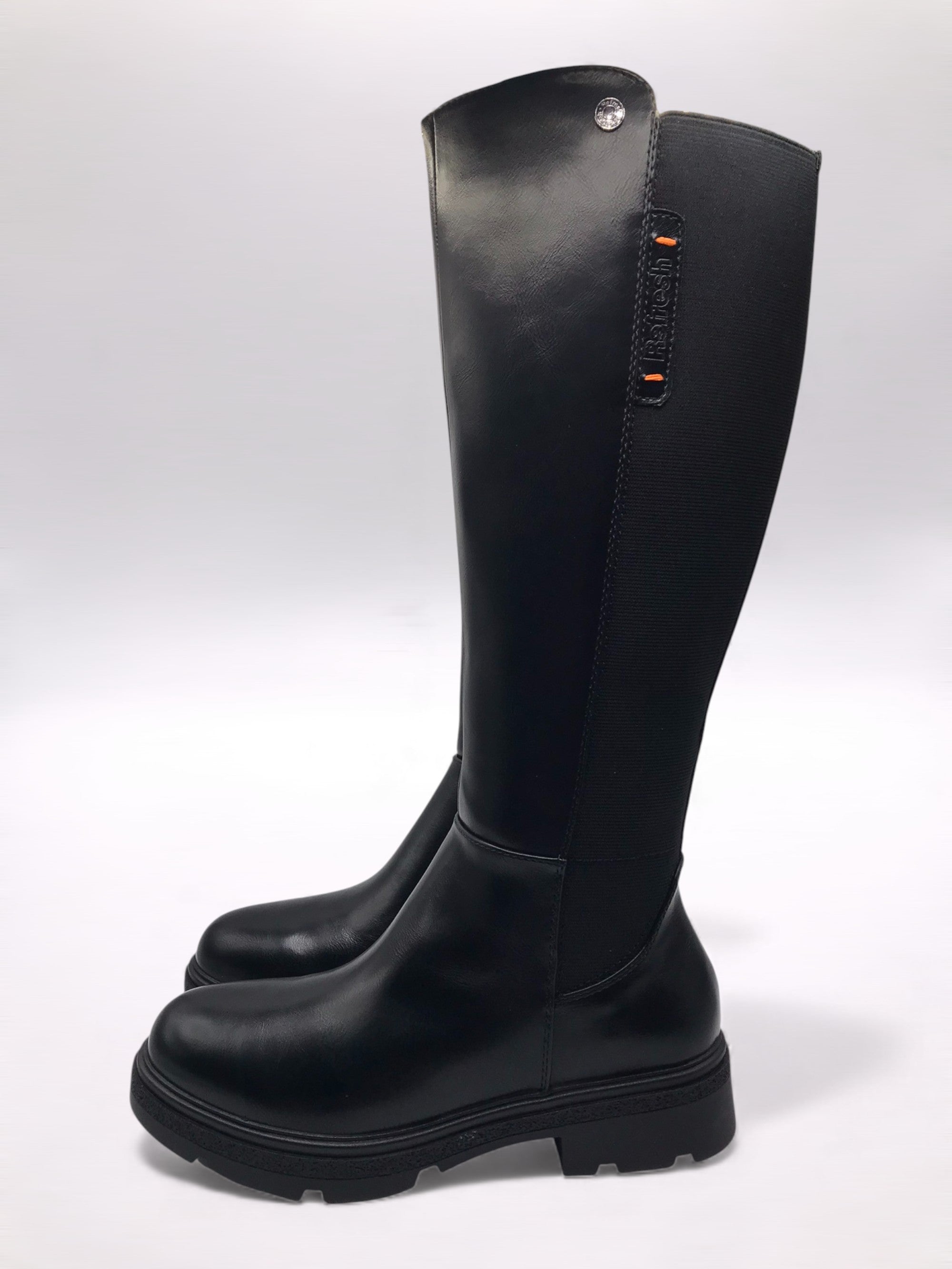 BOTA GALOCHA REFRESH  PRETO ECO PELE DETALHE LOGO LATERAL ZIPER TECIDO ELÁSTICO TRASEIRO CANO ALTO LONGO