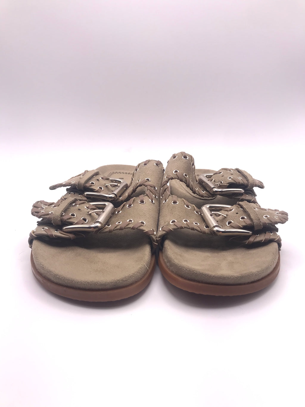 CHINELO SANDÁLIA CORINA BEGE TAUPE KHAKI ARGOLAS FIVELA CAMURÇA FIVELA PRATA