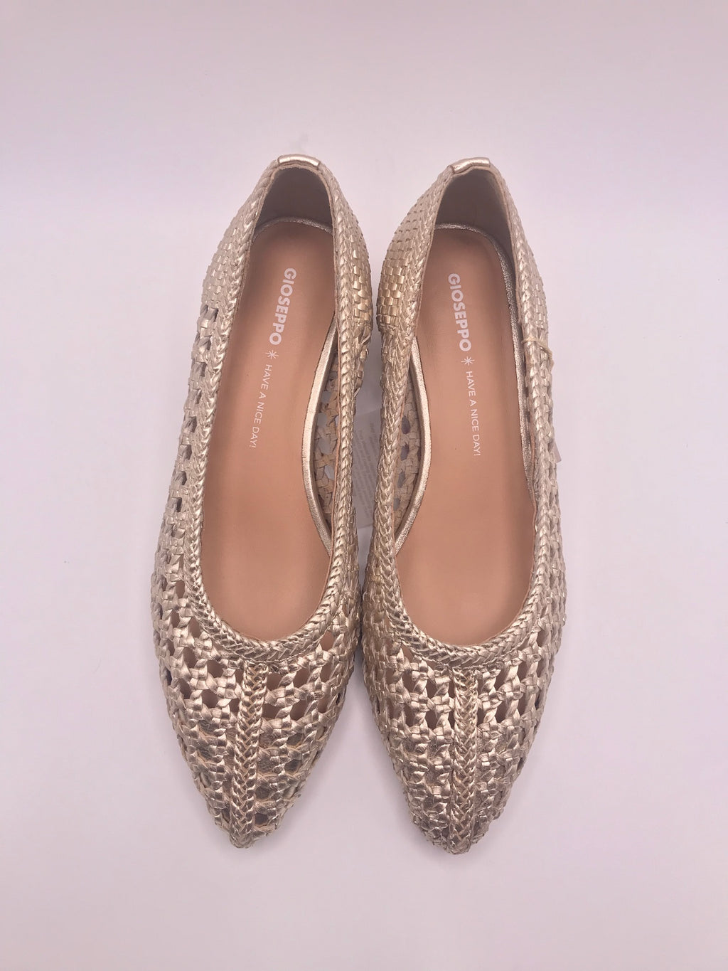 Sapatos de senhora Gioseppo em pele entrançada dourada, sapatos de salto baixo elegante, sabrinas pontiagudas respiráveis para festa e cerimónia, moda verão.