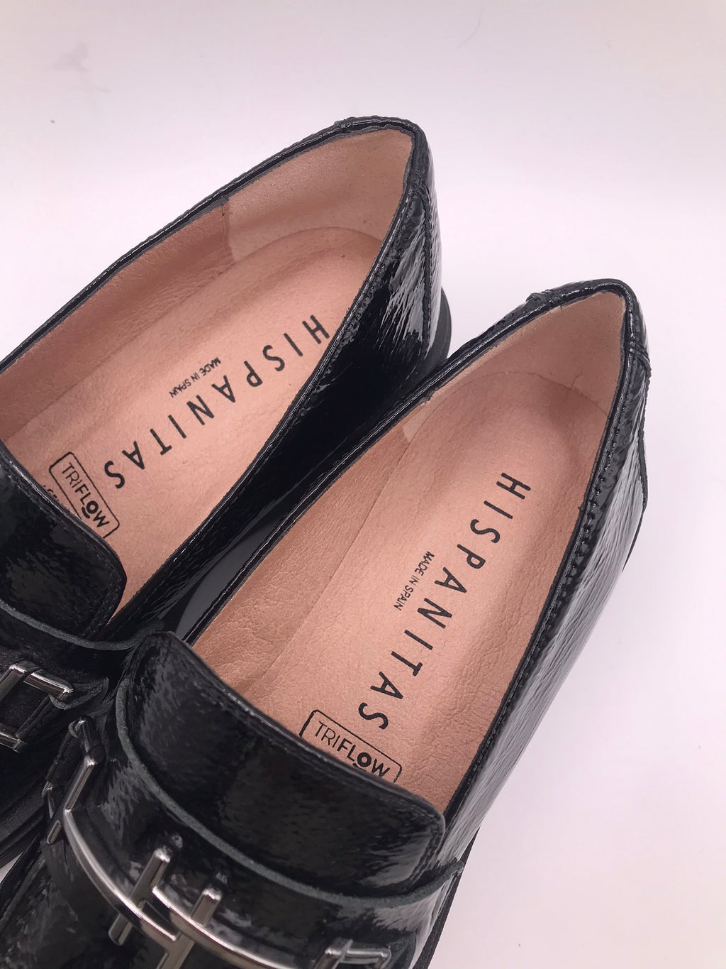 MOCASSIM SALTO HISPANITAS PRETO COURO FIVELA PRATA H LOGO