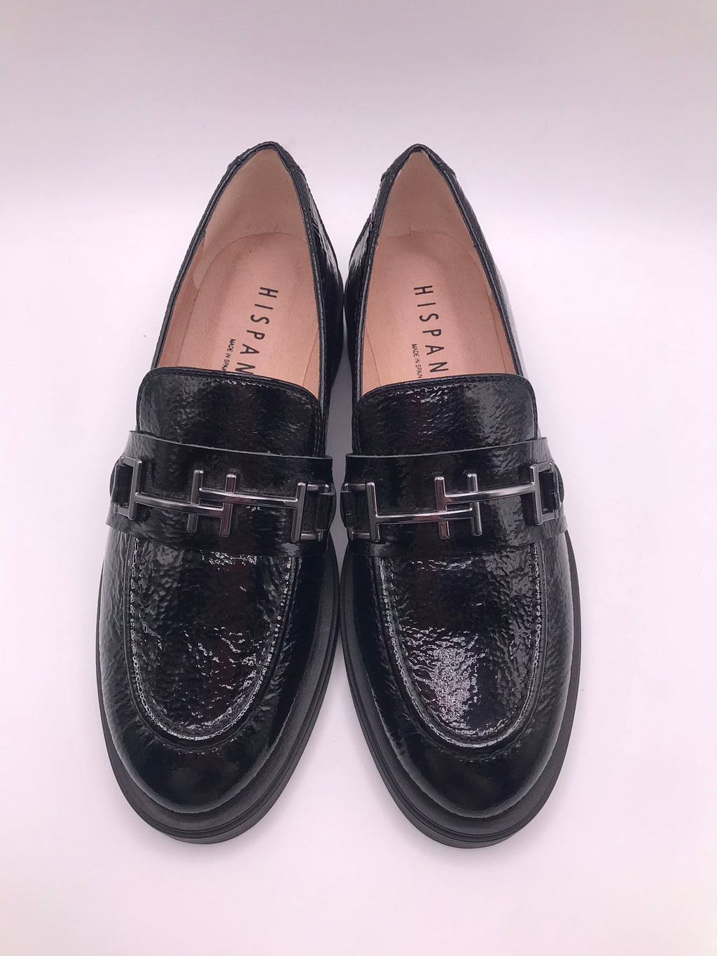 MOCASSIM SALTO HISPANITAS PRETO COURO FIVELA PRATA H LOGO