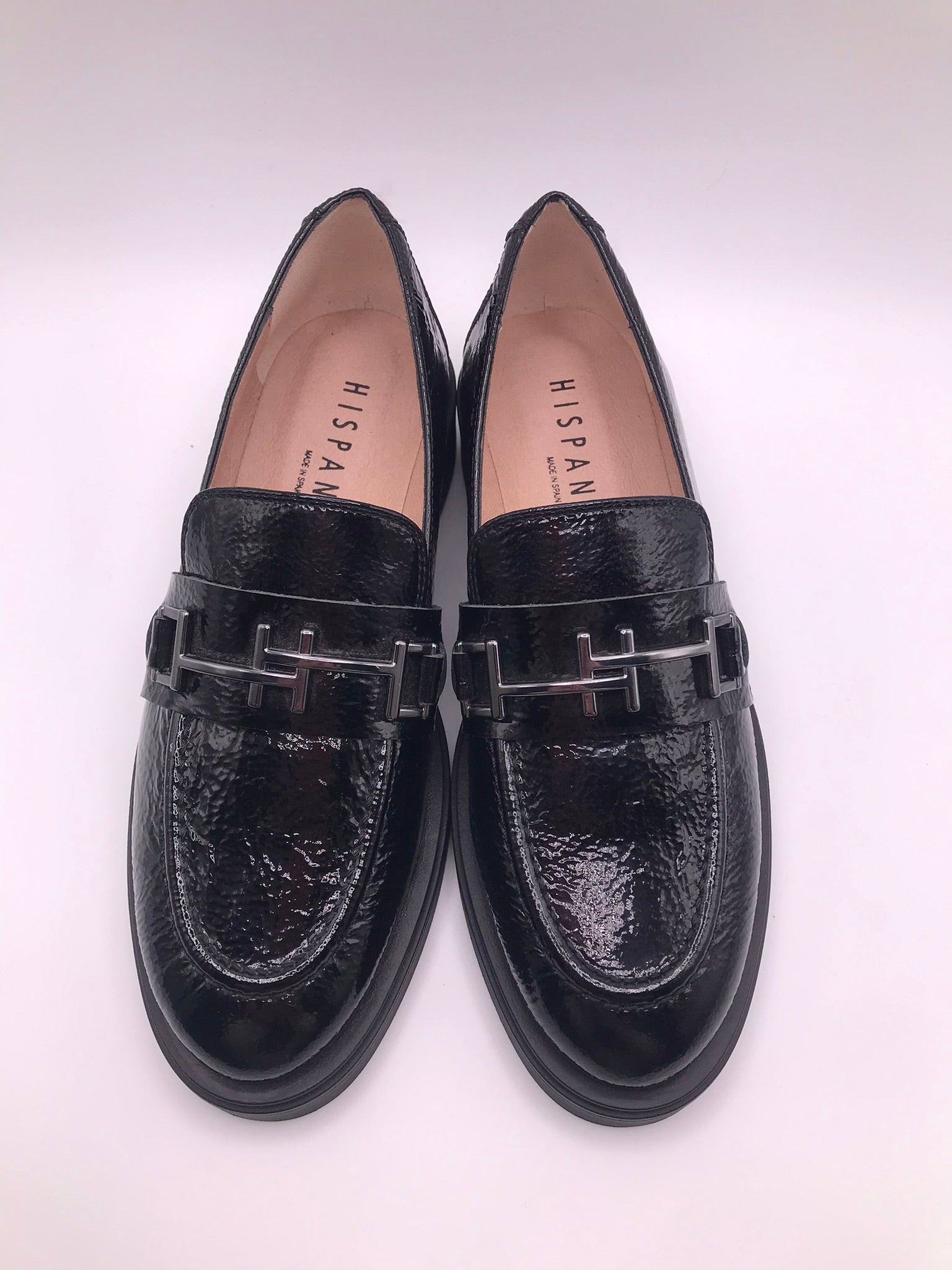 MOCASSIM SALTO HISPANITAS PRETO COURO FIVELA PRATA H LOGO