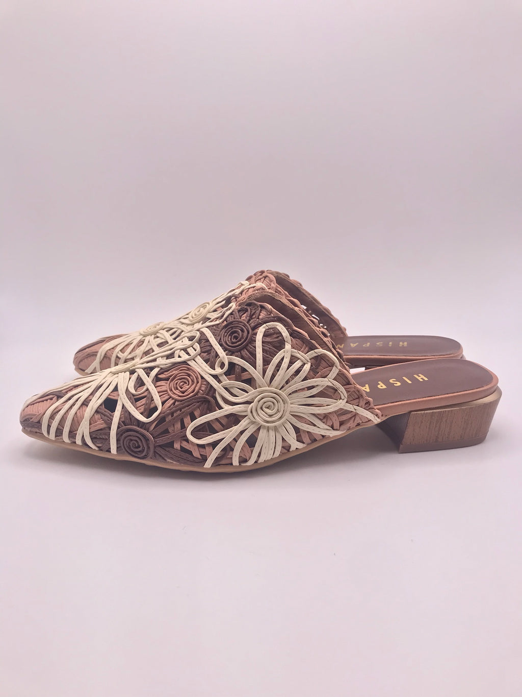 Mules Femininos Hispanitas de Ráfia Entrelaçada com Flores; Tamancos Rasos Salto Baixo; Sapatos de Verão Estilo Boho Confortáveis