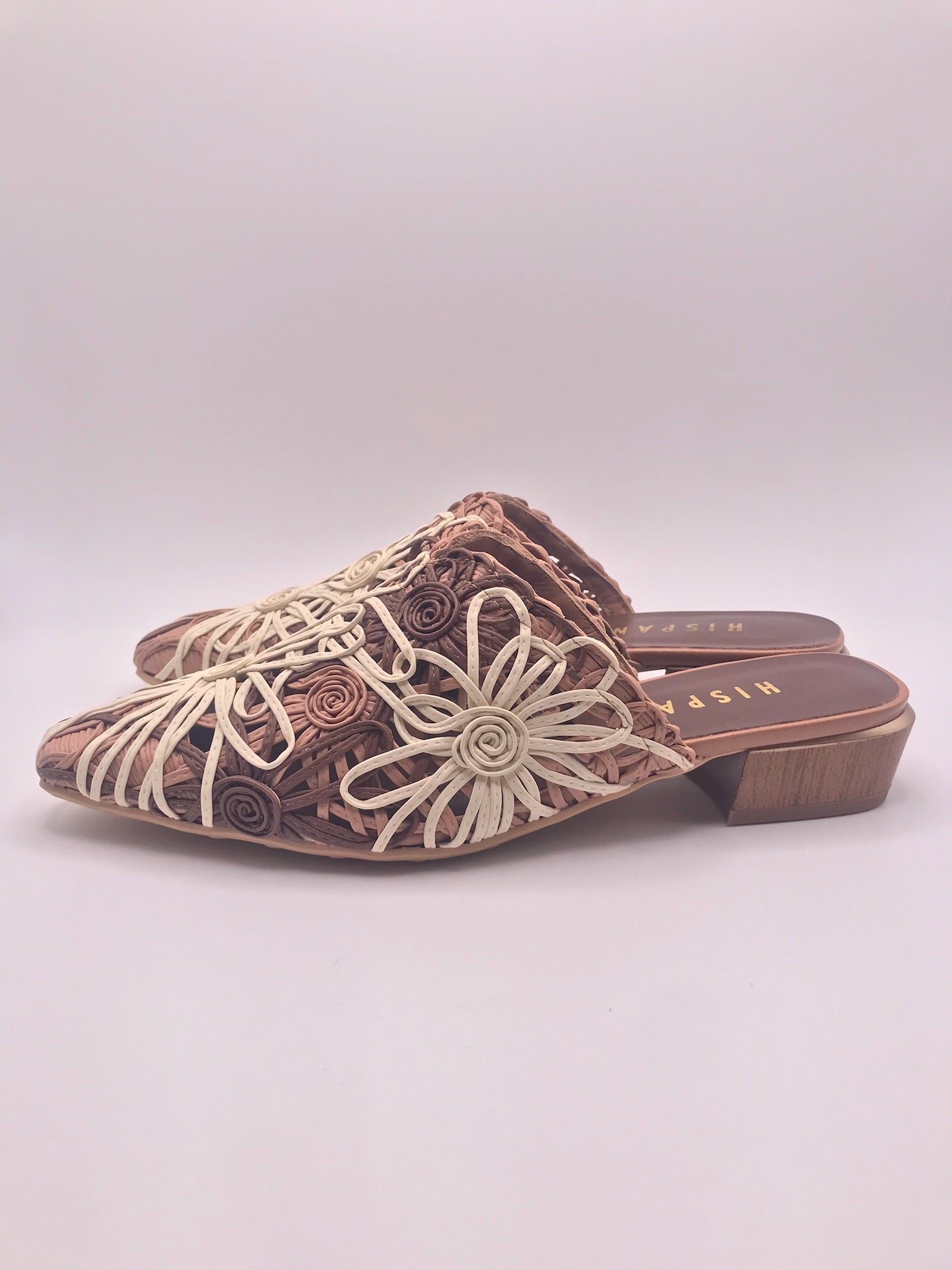 Mules Femininos Hispanitas de Ráfia Entrelaçada com Flores; Tamancos Rasos Salto Baixo; Sapatos de Verão Estilo Boho Confortáveis