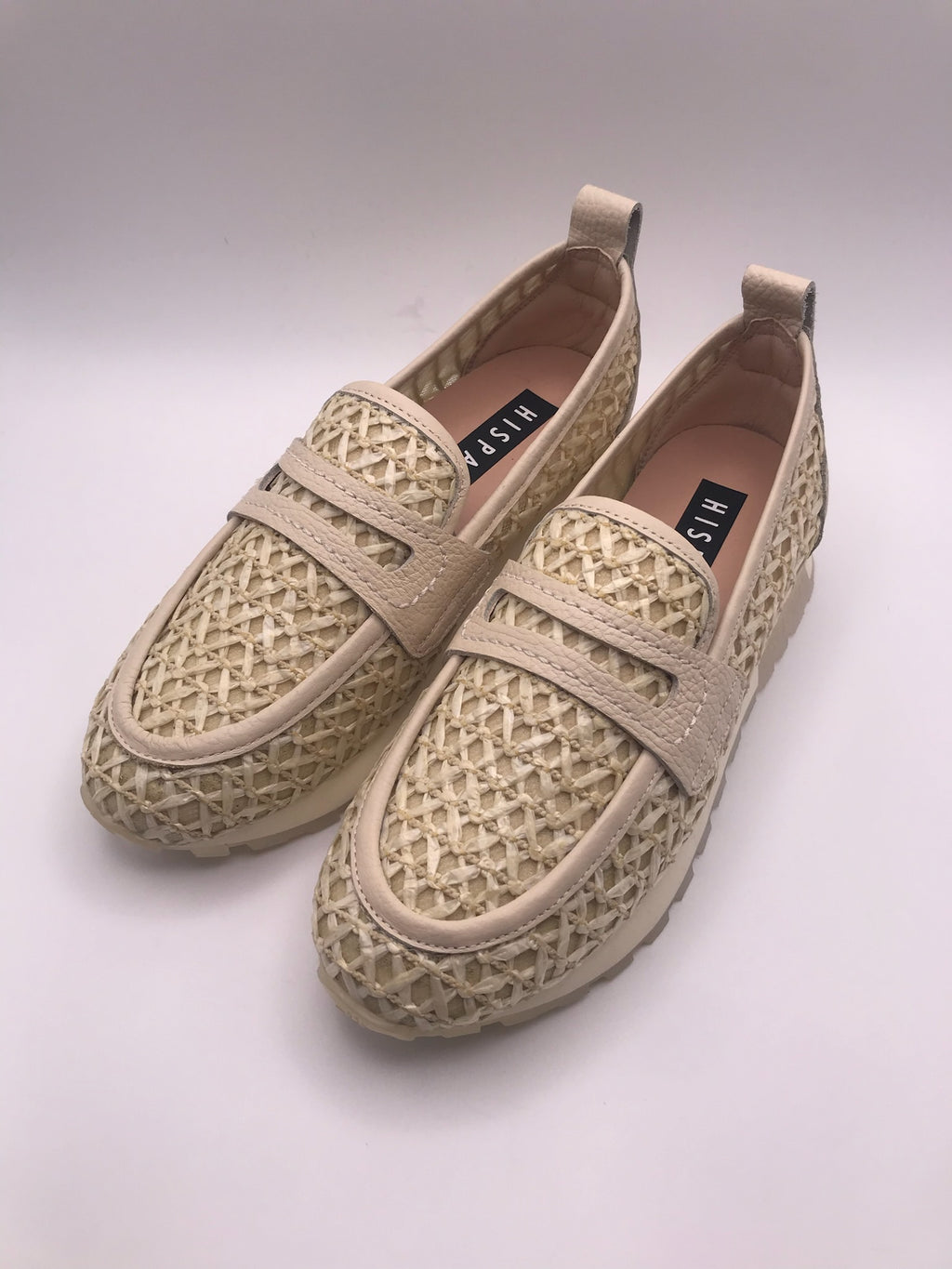 Sapatos Moccasins Femininos Hispanitas em Ráfia Entrelaçada Bege, Ténis de Verão com Sola de Plataforma Confortável, Calçado Casual e Elegante de Estilo Slip-on para Senhora.