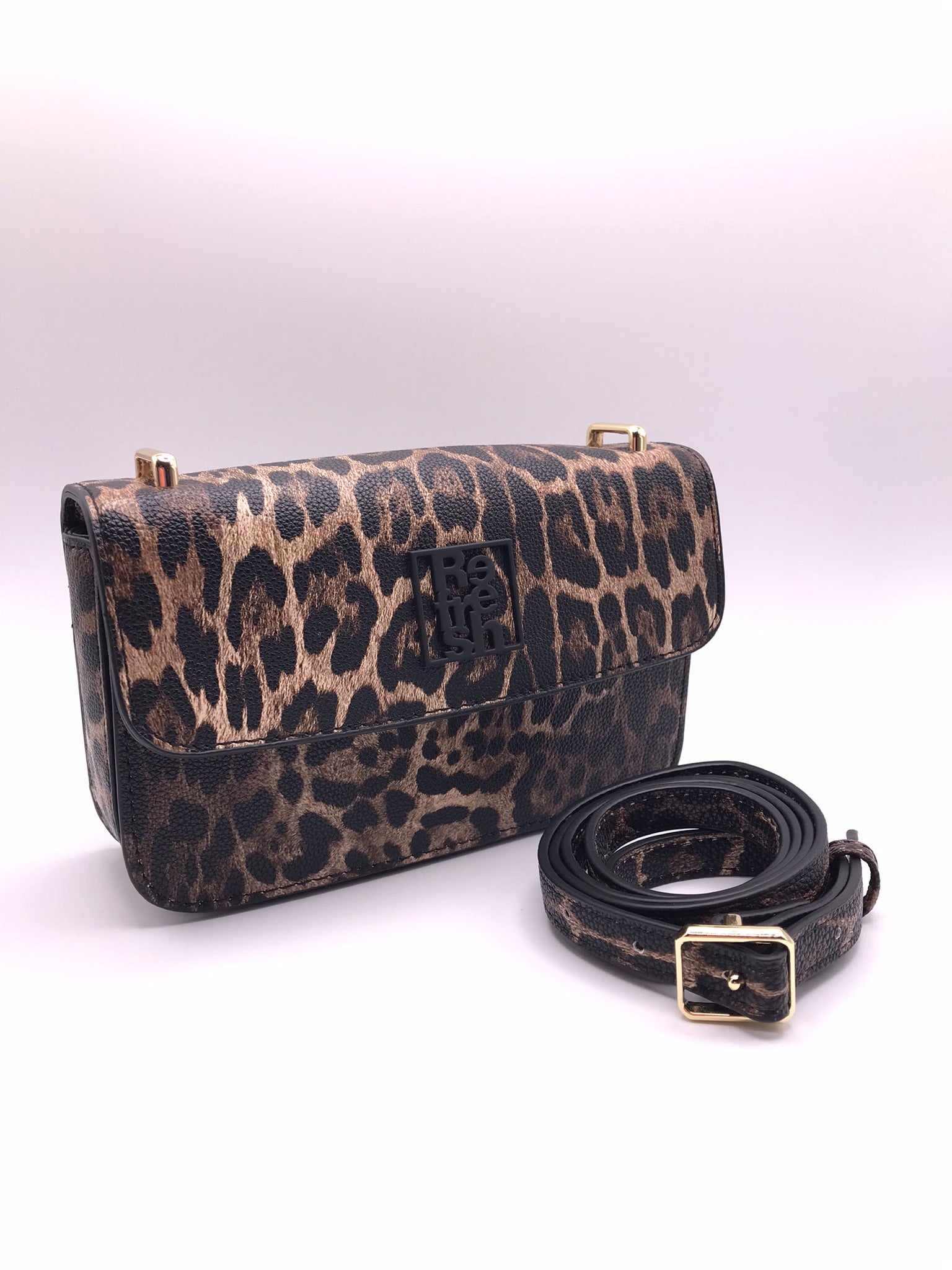 CLUCH REFRESH CASTANHO ESCURO PRETO ANIMAL PRINT TIGRESA ECO PELE LOGO FRONTAL ALÇA AJUSTÁVEL MALA