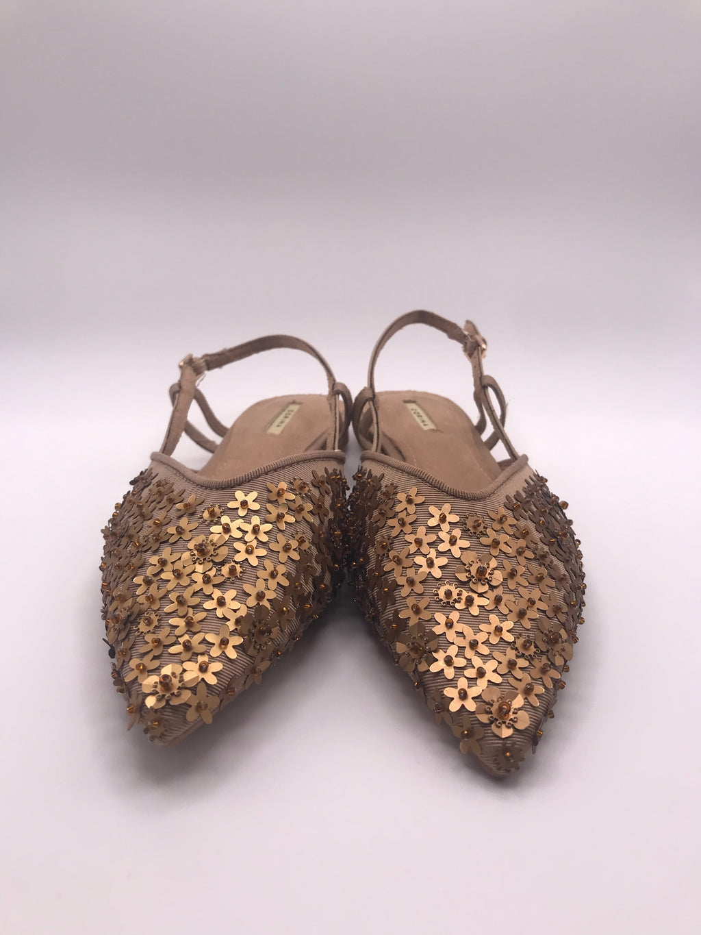 Sandálias Rasas Femininas Corina Com Brilho E Pedraria Flor Slingback Pontiaguda Sapatos Elegantes De Festa Cor Bege Bronze Tiras Ajustáveis Calçado Confortável Senhora