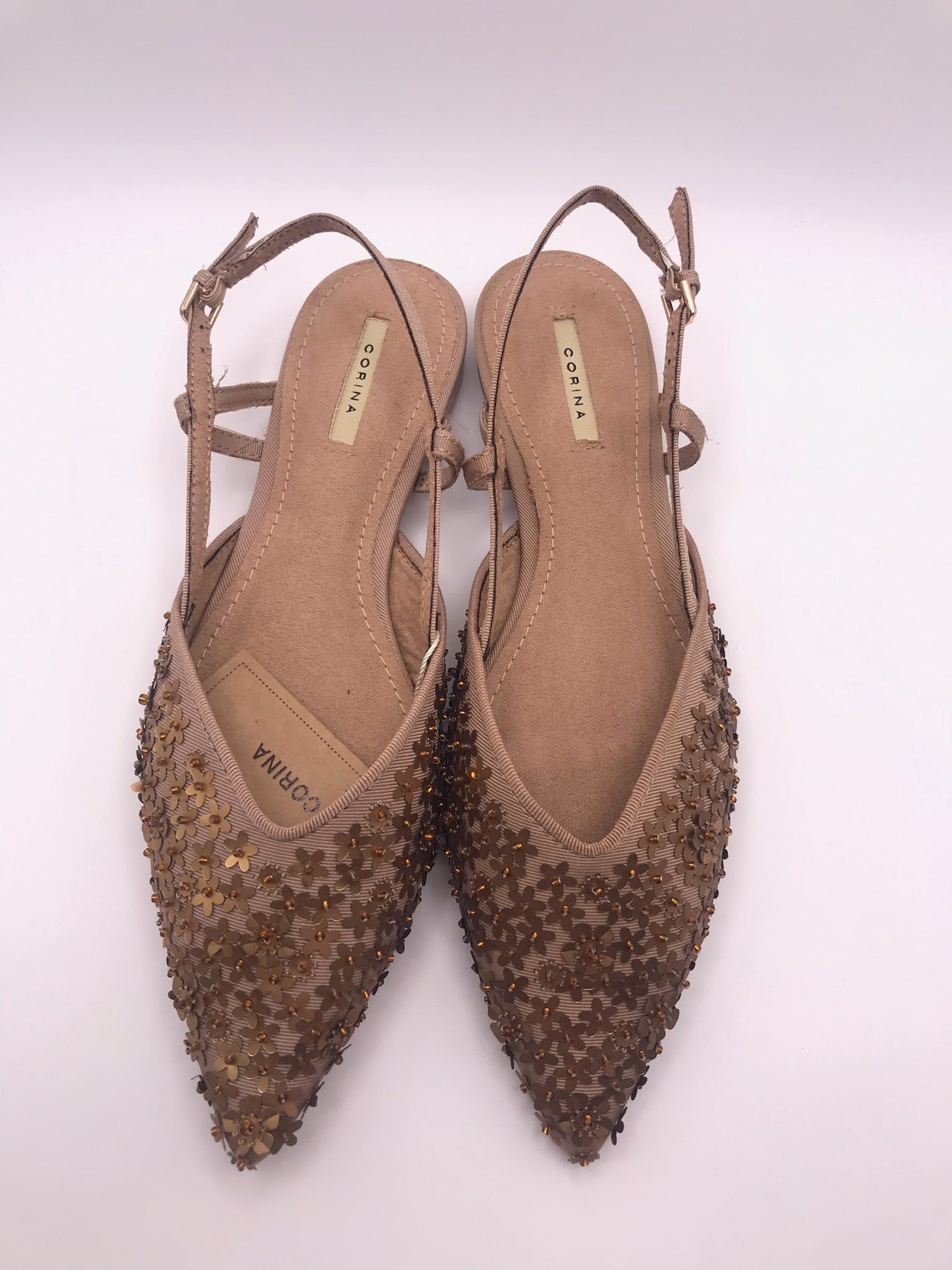 Sandálias Rasas Femininas Corina Com Brilho E Pedraria Flor Slingback Pontiaguda Sapatos Elegantes De Festa Cor Bege Bronze Tiras Ajustáveis Calçado Confortável Senhora