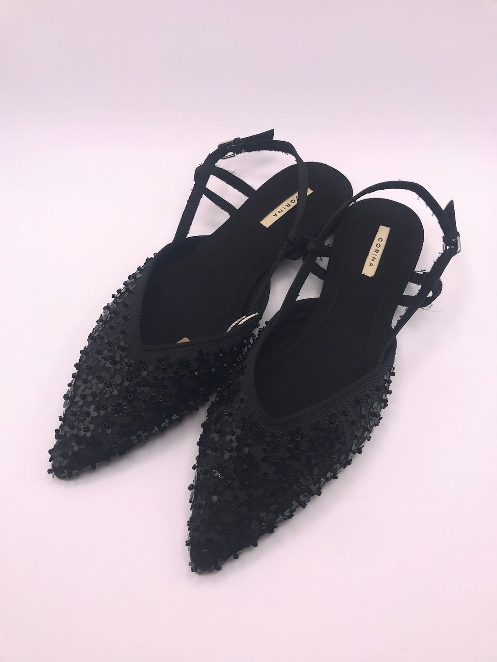 Sandálias Femininas Rasas Corina Com Brilho E Pedraria Slingback Pontiaguda Sapatos Elegantes De Festa Cor Preto Tiras Ajustáveis Calçado Confortável Senhora