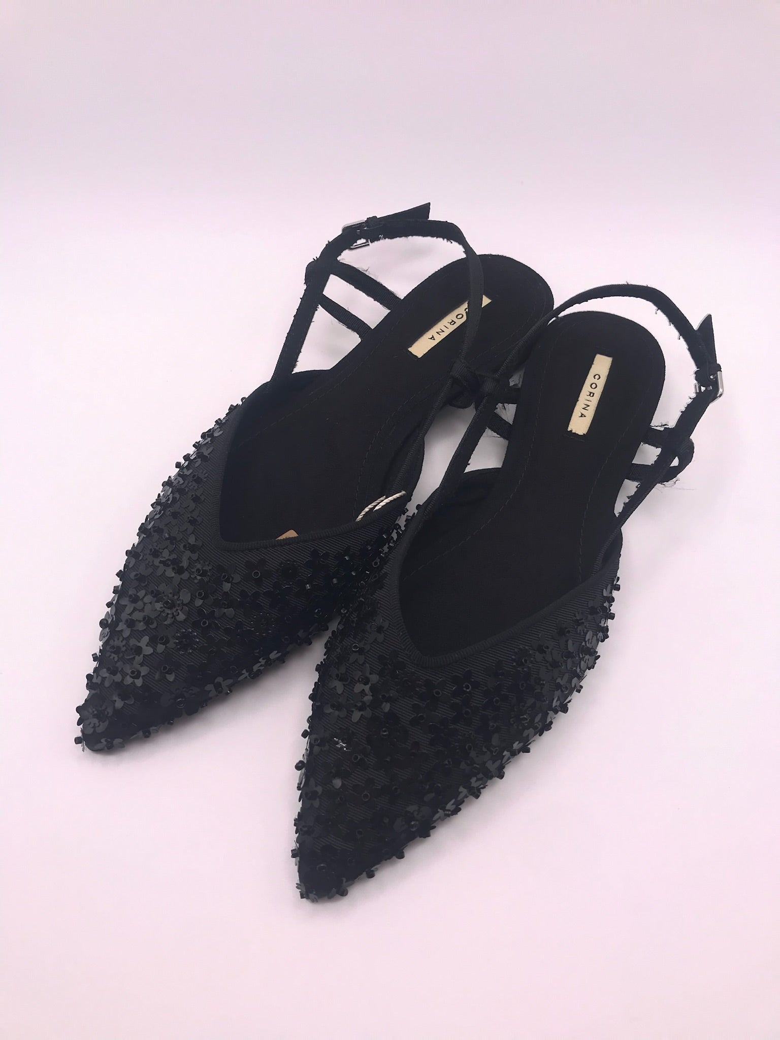 Sandálias Femininas Rasas Corina Com Brilho E Pedraria Slingback Pontiaguda Sapatos Elegantes De Festa Cor Preto Tiras Ajustáveis Calçado Confortável Senhora