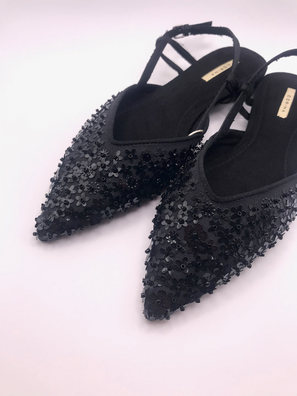 Sandálias Femininas Rasas Corina Com Brilho E Pedraria Slingback Pontiaguda Sapatos Elegantes De Festa Cor Preto Tiras Ajustáveis Calçado Confortável Senhora