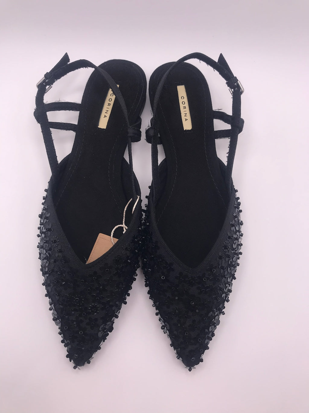 Sandálias Femininas Rasas Corina Com Brilho E Pedraria Slingback Pontiaguda Sapatos Elegantes De Festa Cor Preto Tiras Ajustáveis Calçado Confortável Senhora