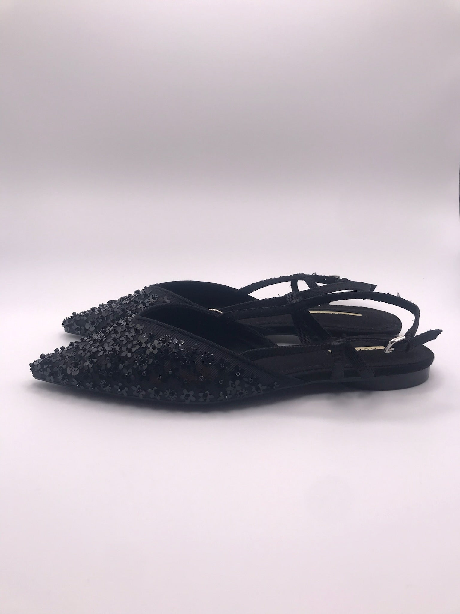 Sandálias Femininas Rasas Corina Com Brilho E Pedraria Slingback Pontiaguda Sapatos Elegantes De Festa Cor Preto Tiras Ajustáveis Calçado Confortável Senhora