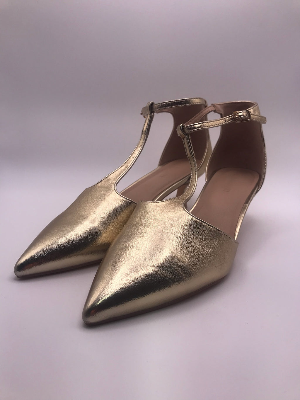 Sapatos de Salto Baixo Buonarotti Kitten Dourados com T-Strap Elegante; Biqueira Fina Senhora Vestuário Formal Casamento Festa Confortável