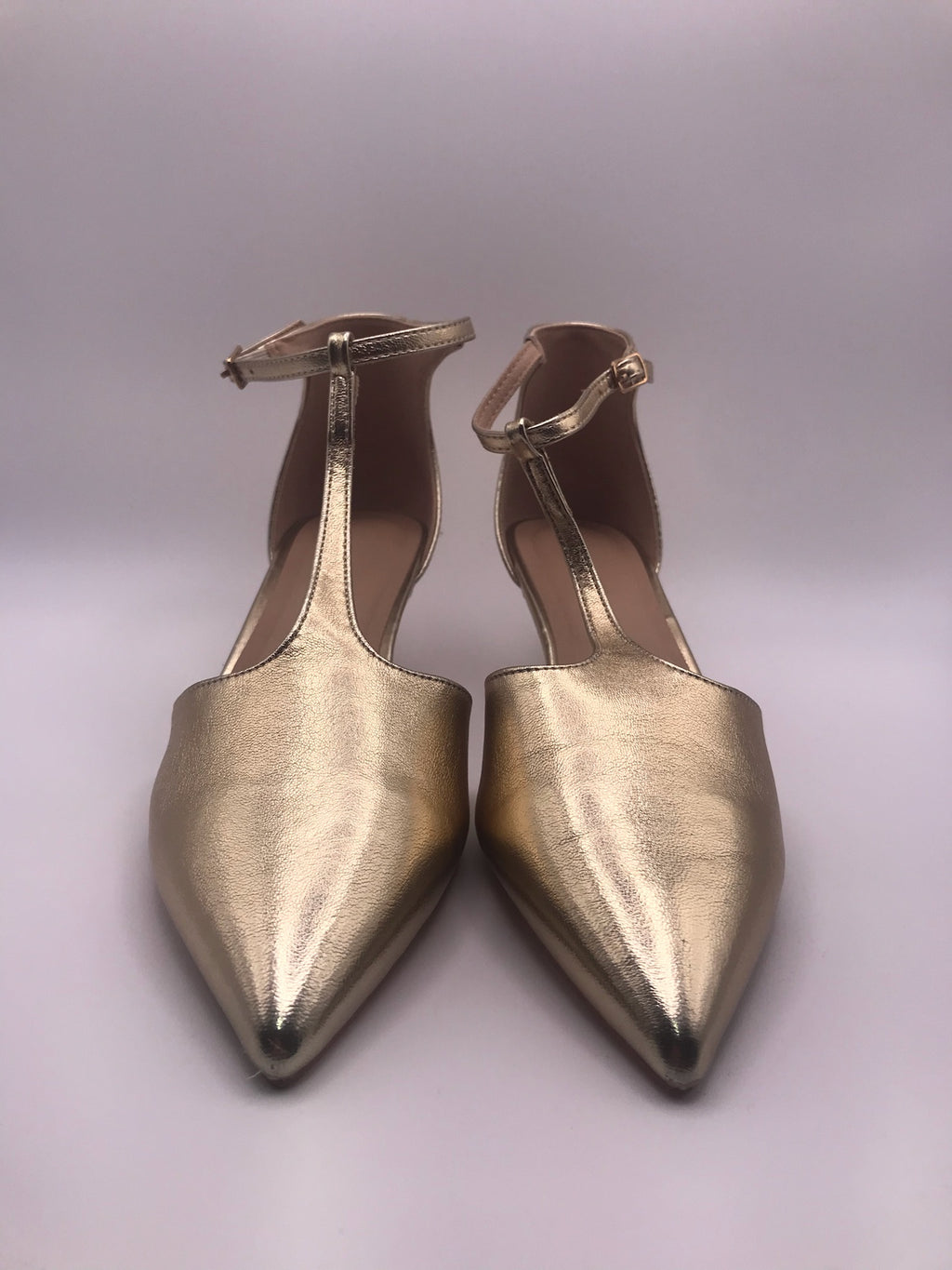 Sapatos de Salto Baixo Buonarotti Kitten Dourados com T-Strap Elegante; Biqueira Fina Senhora Vestuário Formal Casamento Festa Confortável
