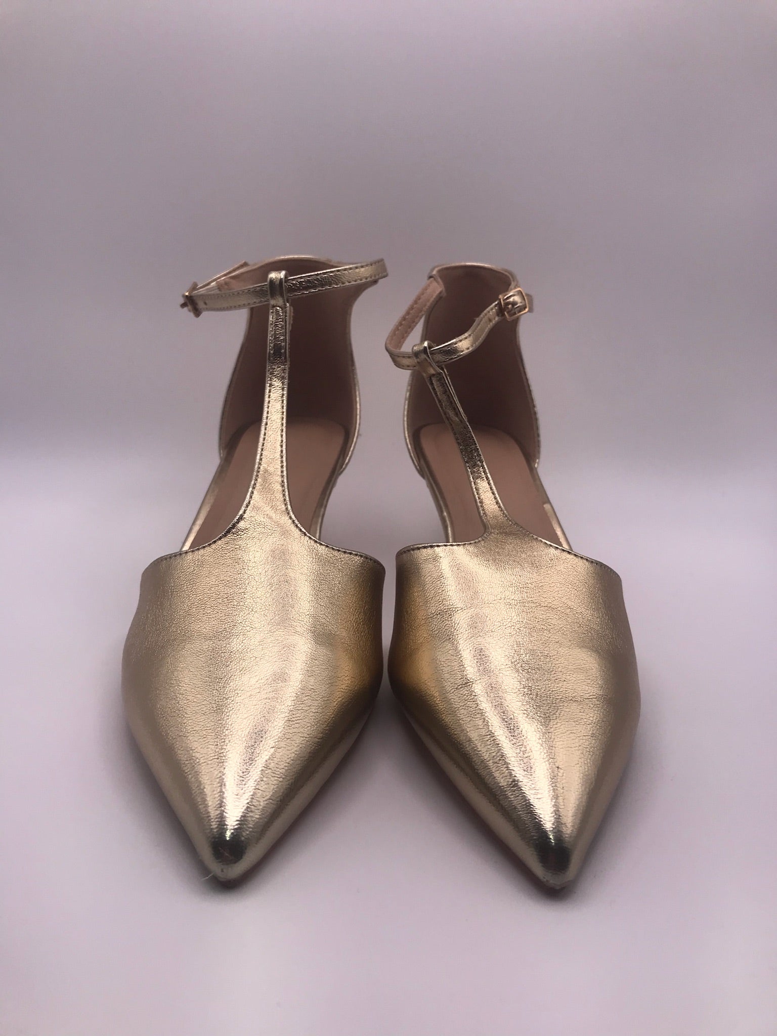 Sapatos de Salto Baixo Buonarotti Kitten Dourados com T-Strap Elegante; Biqueira Fina Senhora Vestuário Formal Casamento Festa Confortável