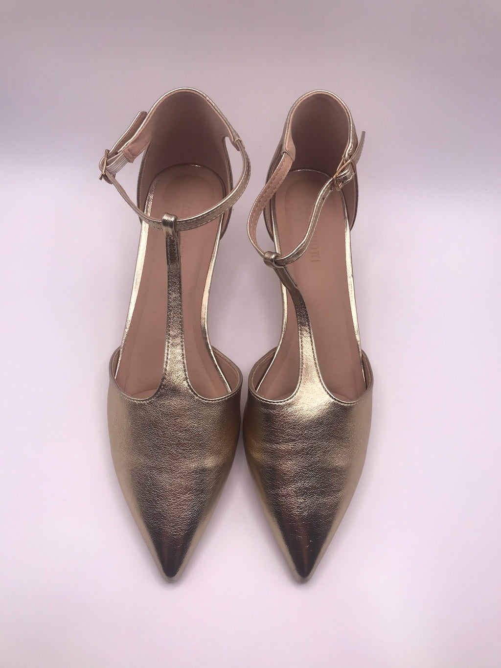 Sapatos de Salto Baixo Buonarotti Kitten Dourados com T-Strap Elegante; Biqueira Fina Senhora Vestuário Formal Casamento Festa Confortável