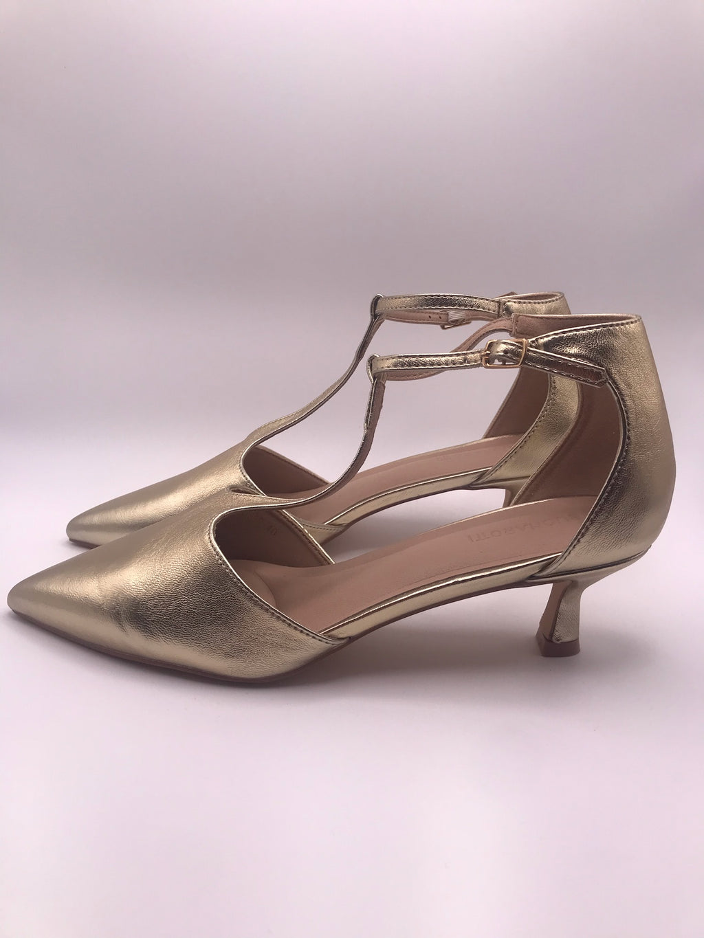 Sapatos de Salto Baixo Buonarotti Kitten Dourados com T-Strap Elegante; Biqueira Fina Senhora Vestuário Formal Casamento Festa Confortável