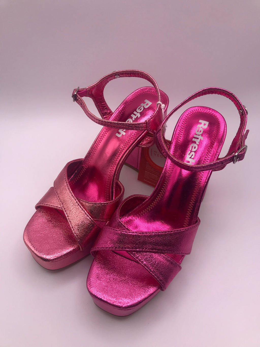Sandálias Plataforma Refresh Salto Grosso Rosa Metalizado; Brilhantes com Fivela e Tiras Cruzadas para Mulher