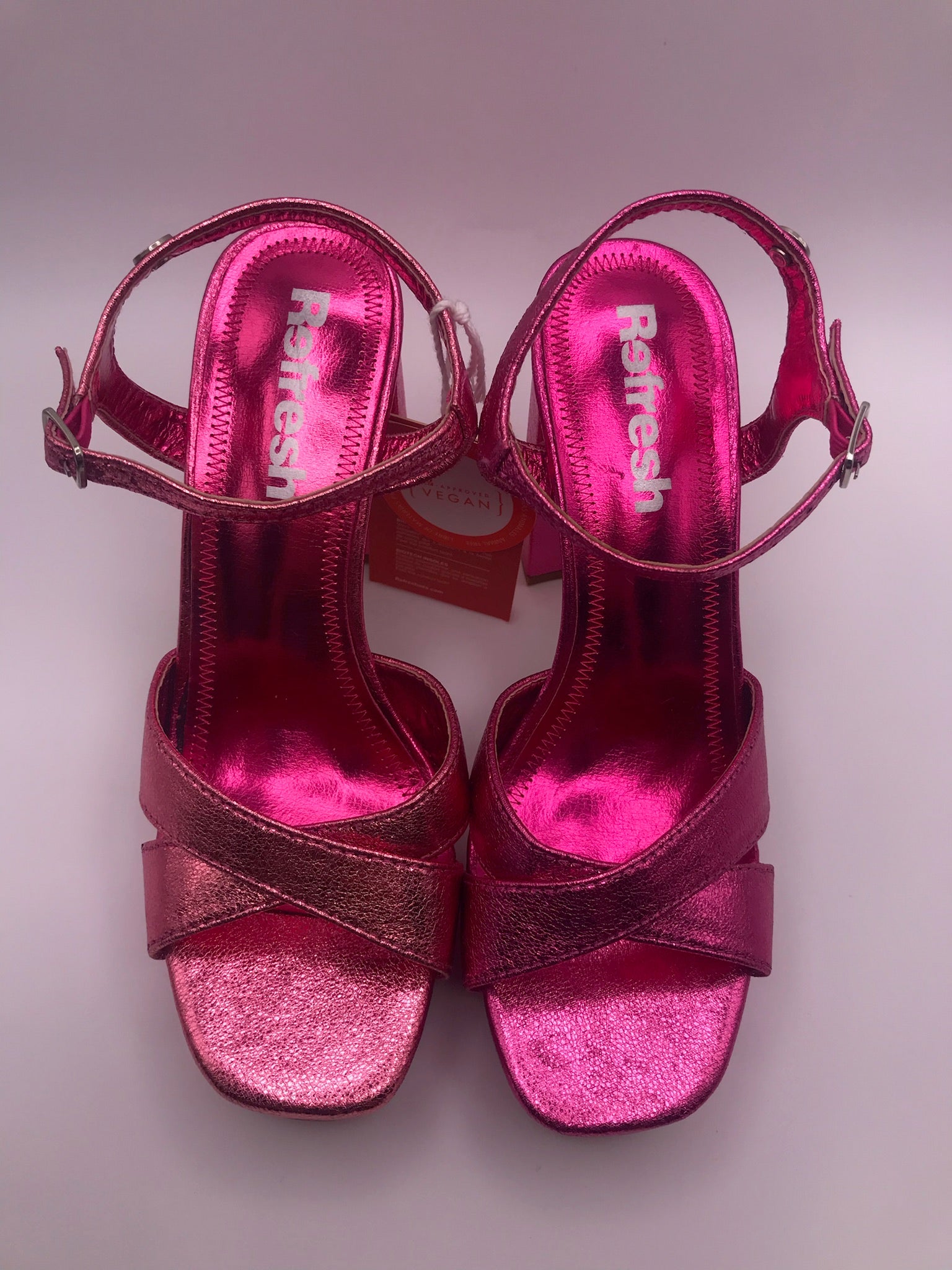 Sandálias Plataforma Refresh Salto Grosso Rosa Metalizado; Brilhantes com Fivela e Tiras Cruzadas para Mulher