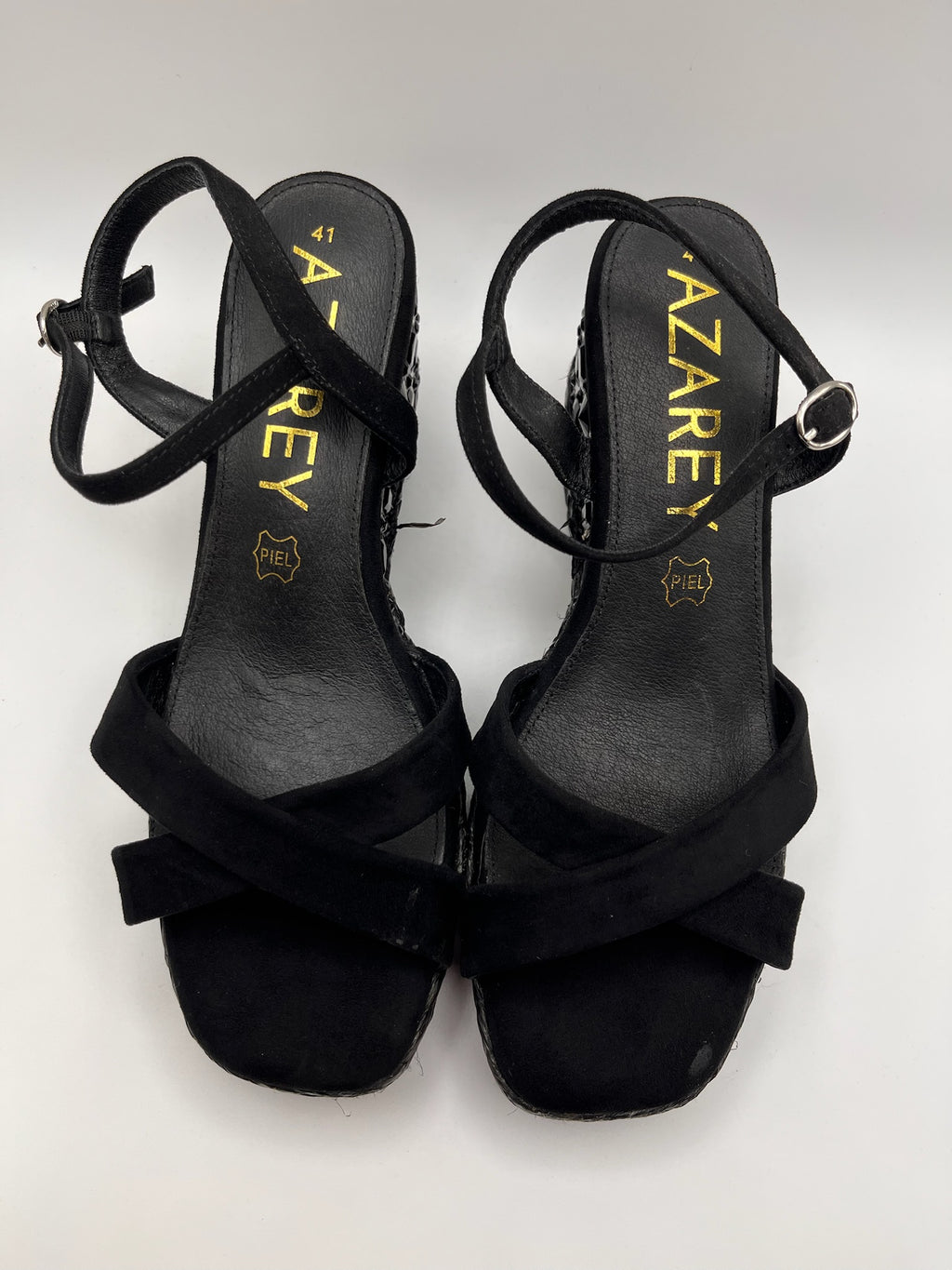 Sandálias de cunha Azarey pretas camurça palmilha pele cunha trançada pedras, sapatos cunha mulher plataforma fivela tornozelo verão confortáveis elegantes