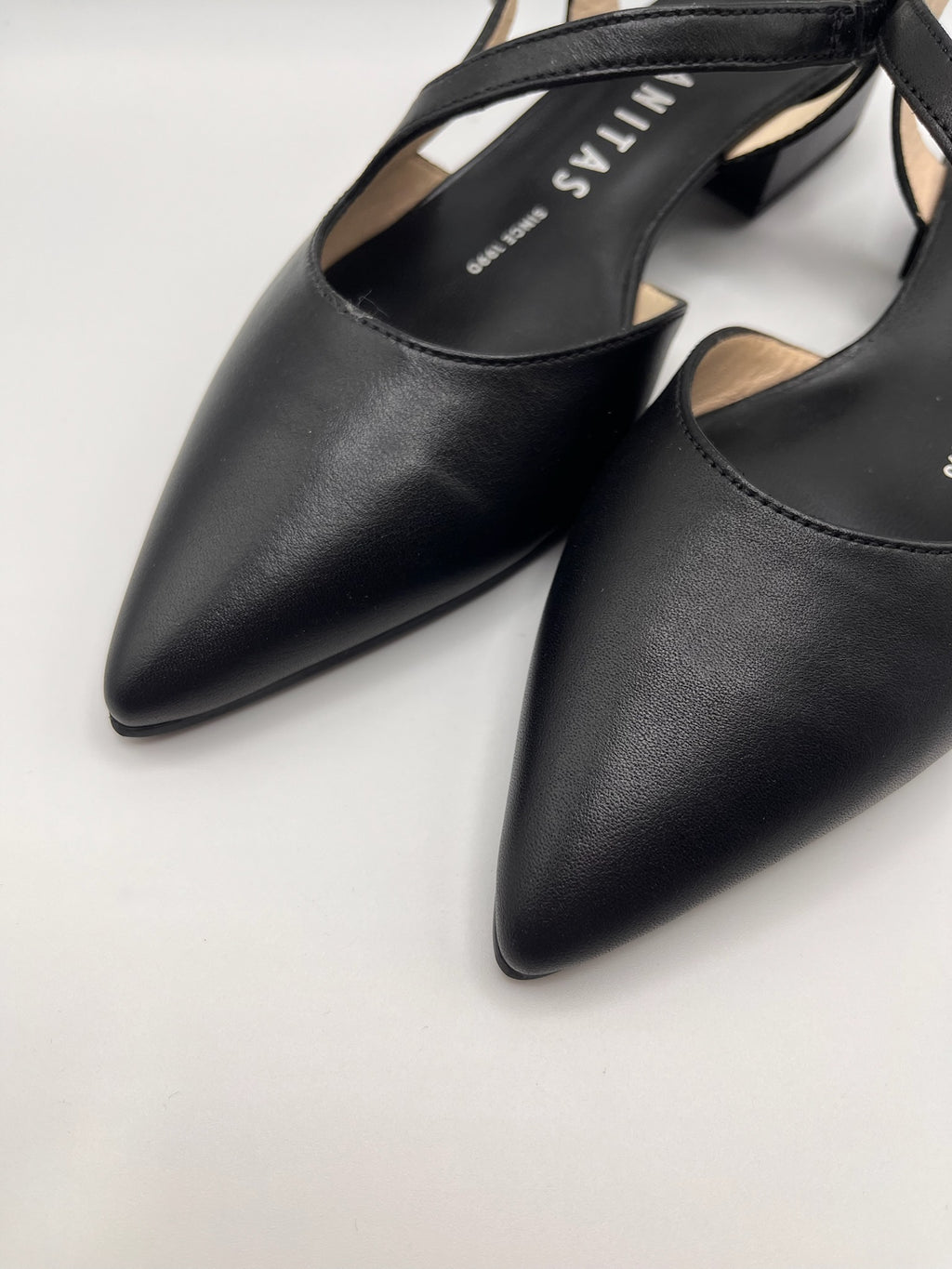 Sapatos Hispanitas mulher pretos pele salto baixo bloco, sandálias slingback bico fino tira cruzada fivela, sapatos senhora elegantes executiva escritório confortáveis clássicos