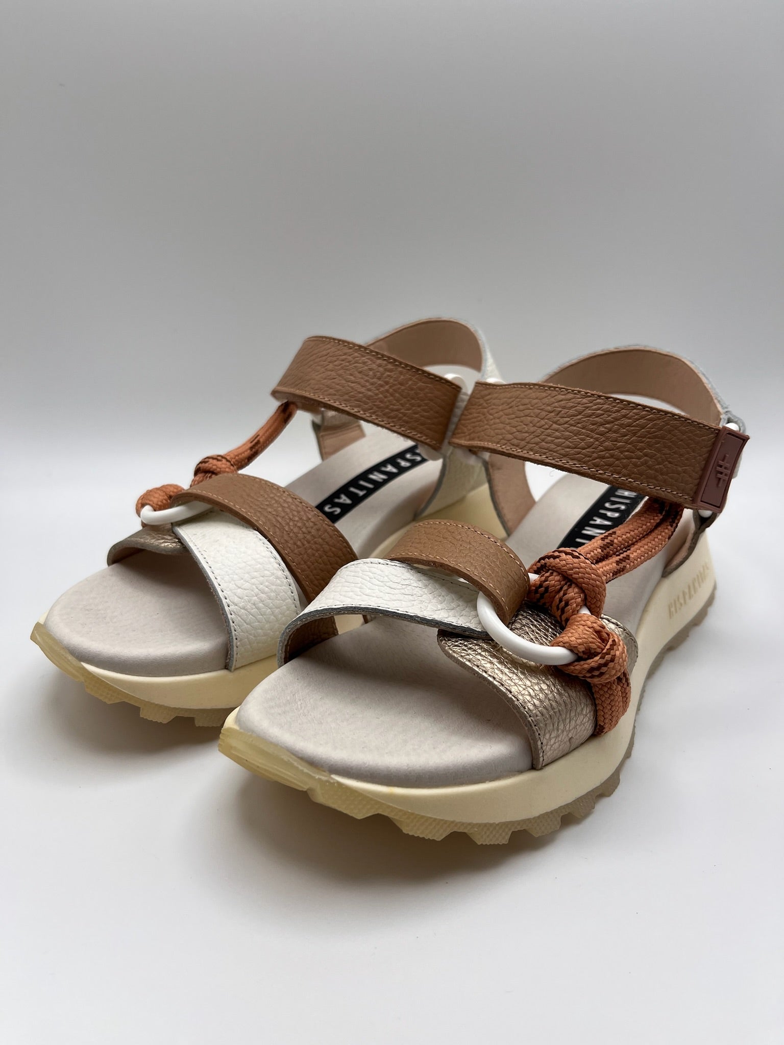 Sandálias Hispanitas Senhora Couro Branco e Castanho Com Plataforma, Sandália Desportiva Ergonómica de Cunha Confortável Casual Com Corda e Fivela, Calçado Moda Feminina Verão